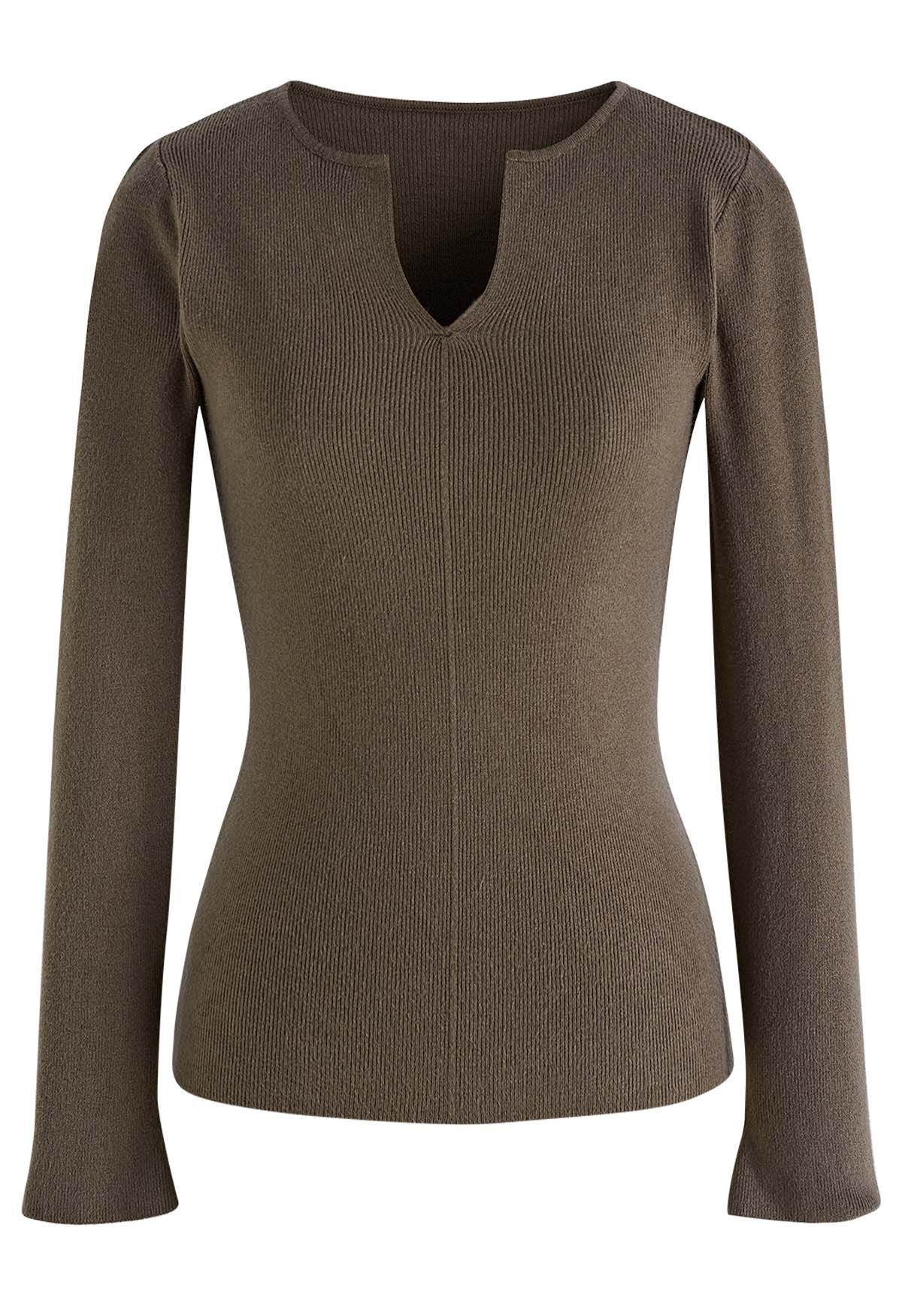 Notch Neckline Fitted Knit Top in Taupe