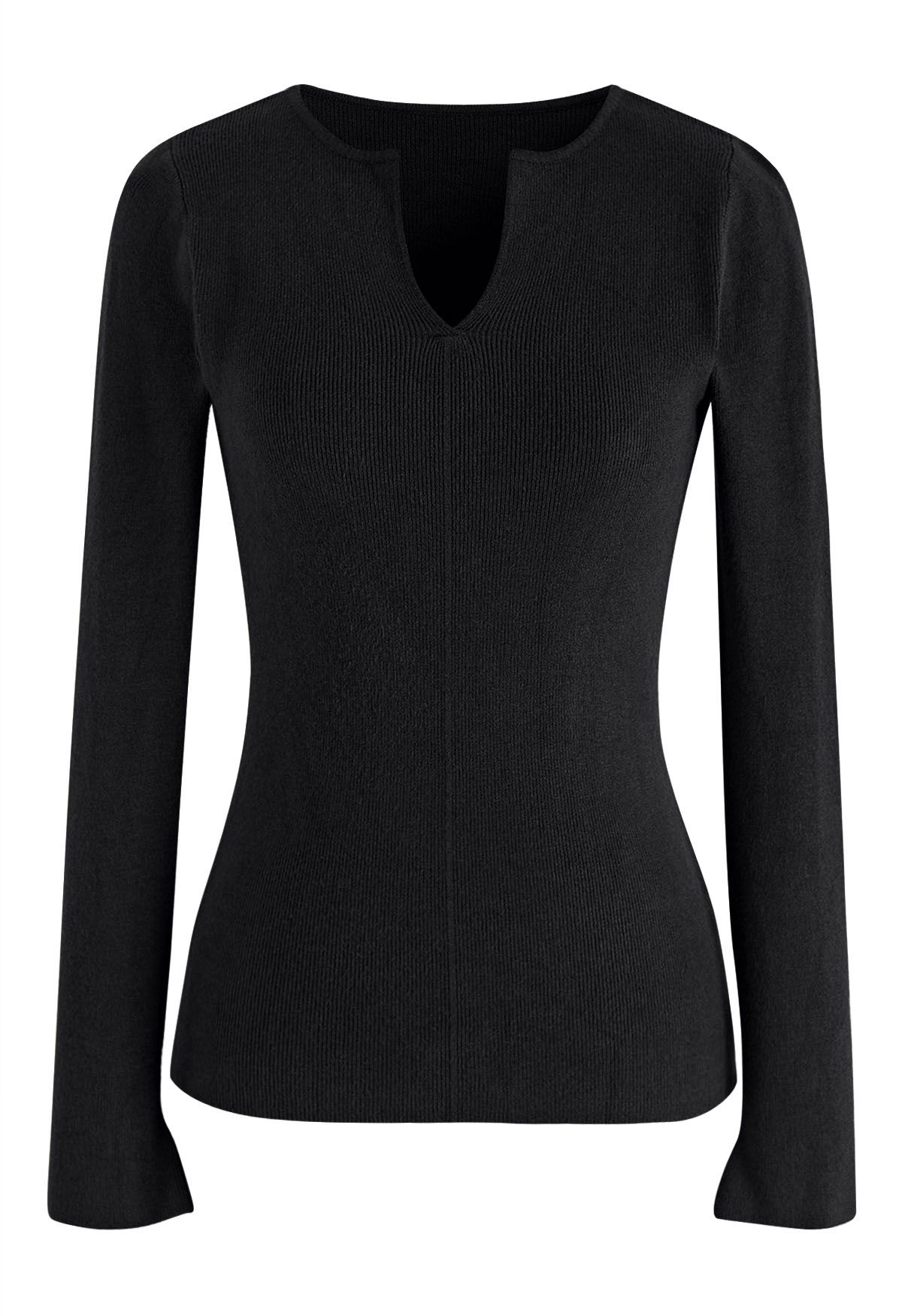 Notch Neckline Fitted Knit Top in Black