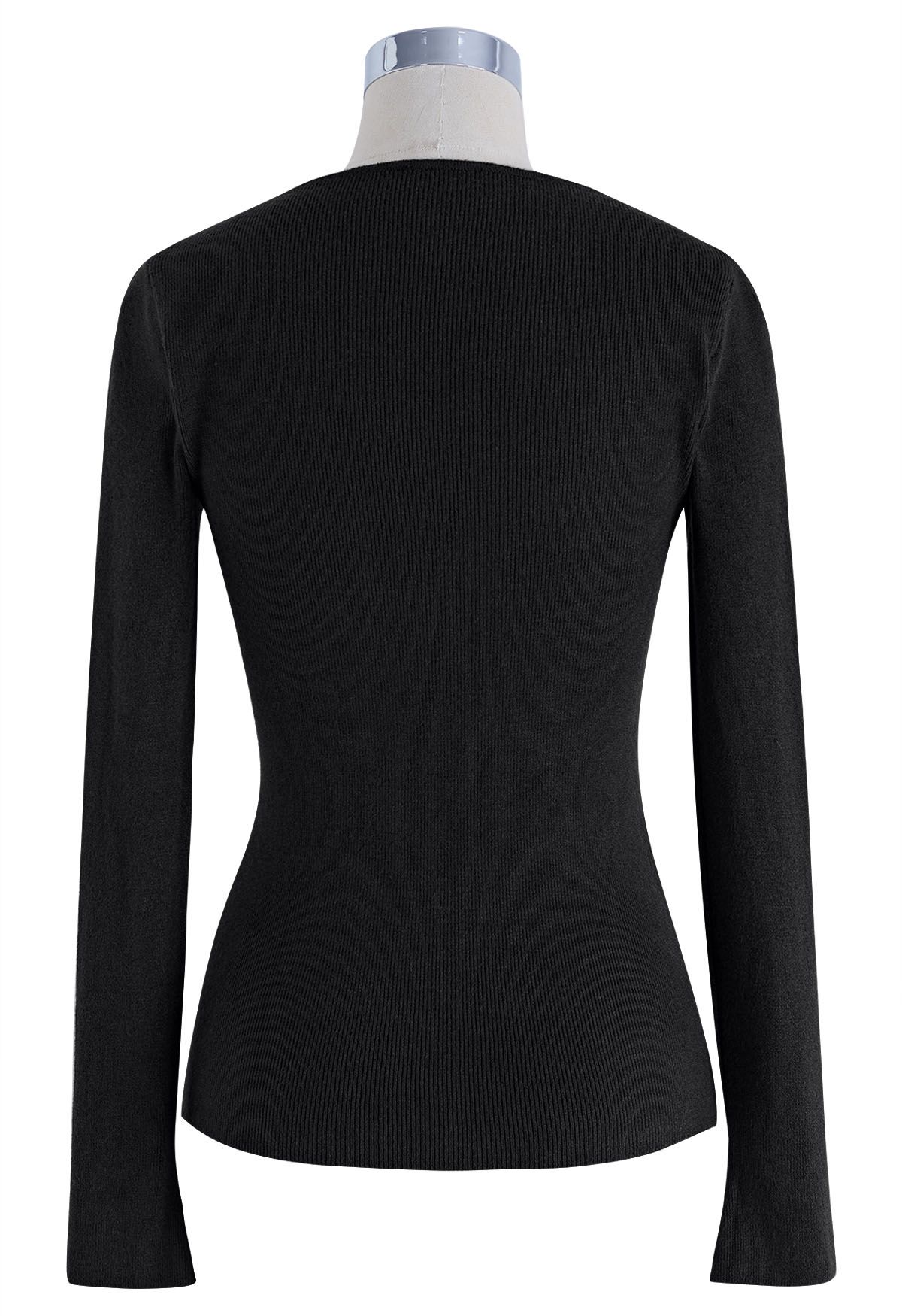 Notch Neckline Fitted Knit Top in Black