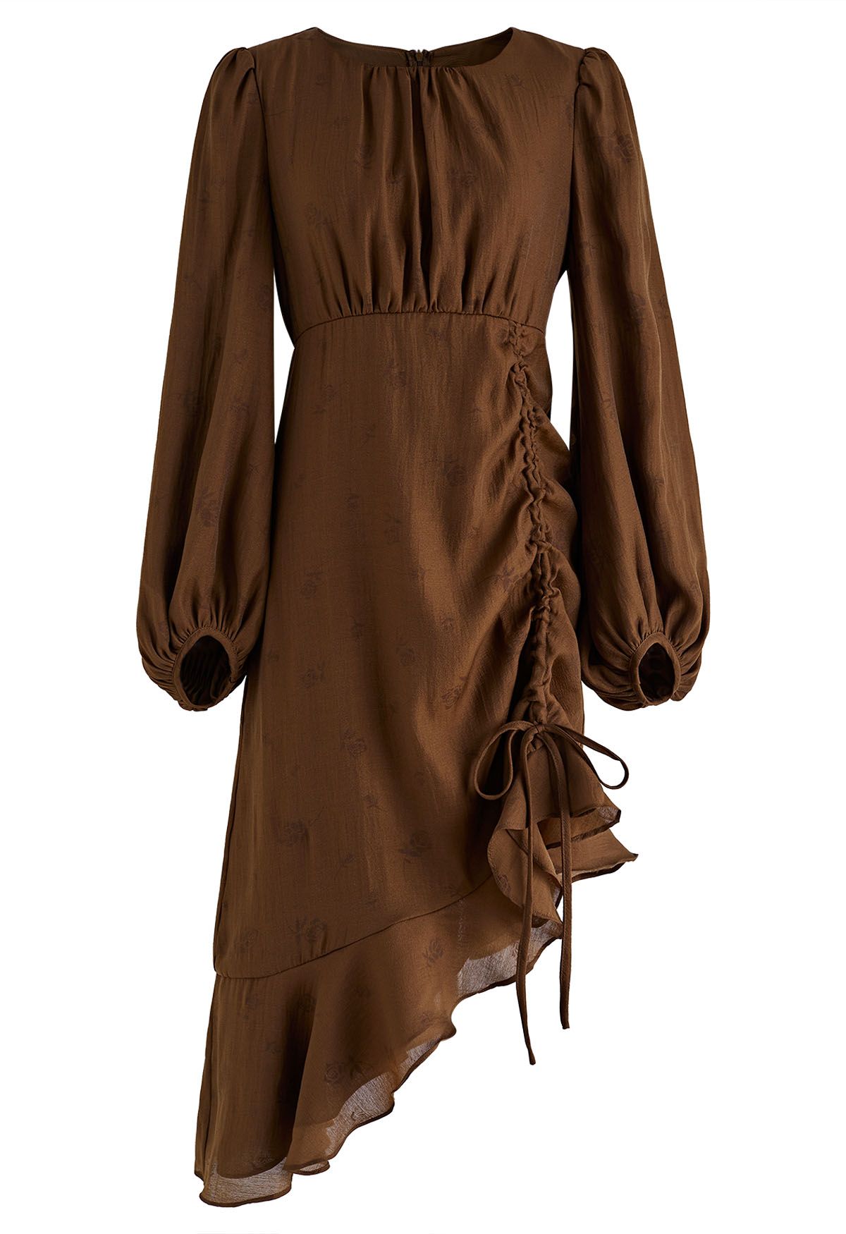 Asymmetric Ruffle Hem Floral Midi Dress in Brown