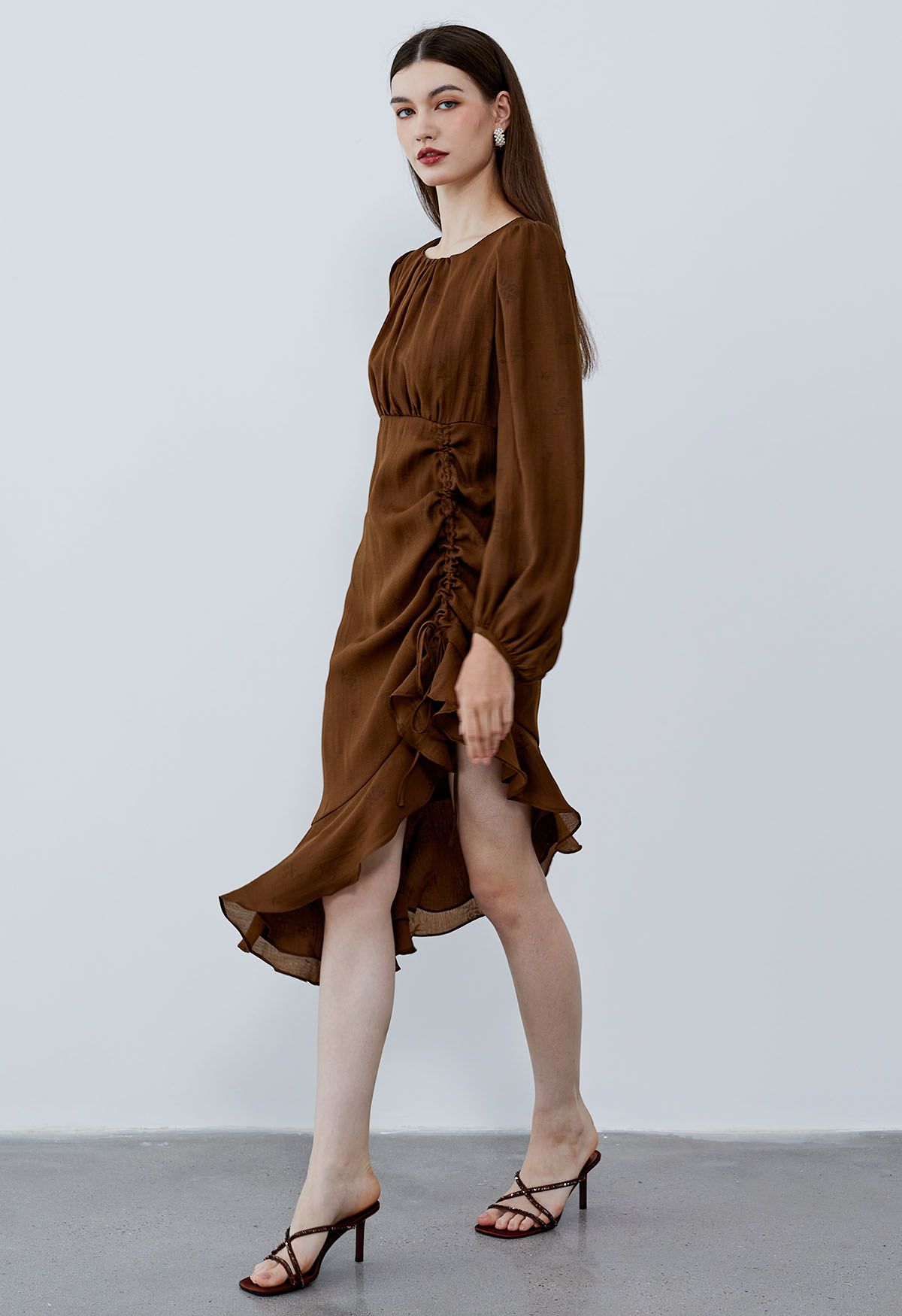 Asymmetric Ruffle Hem Floral Midi Dress in Brown