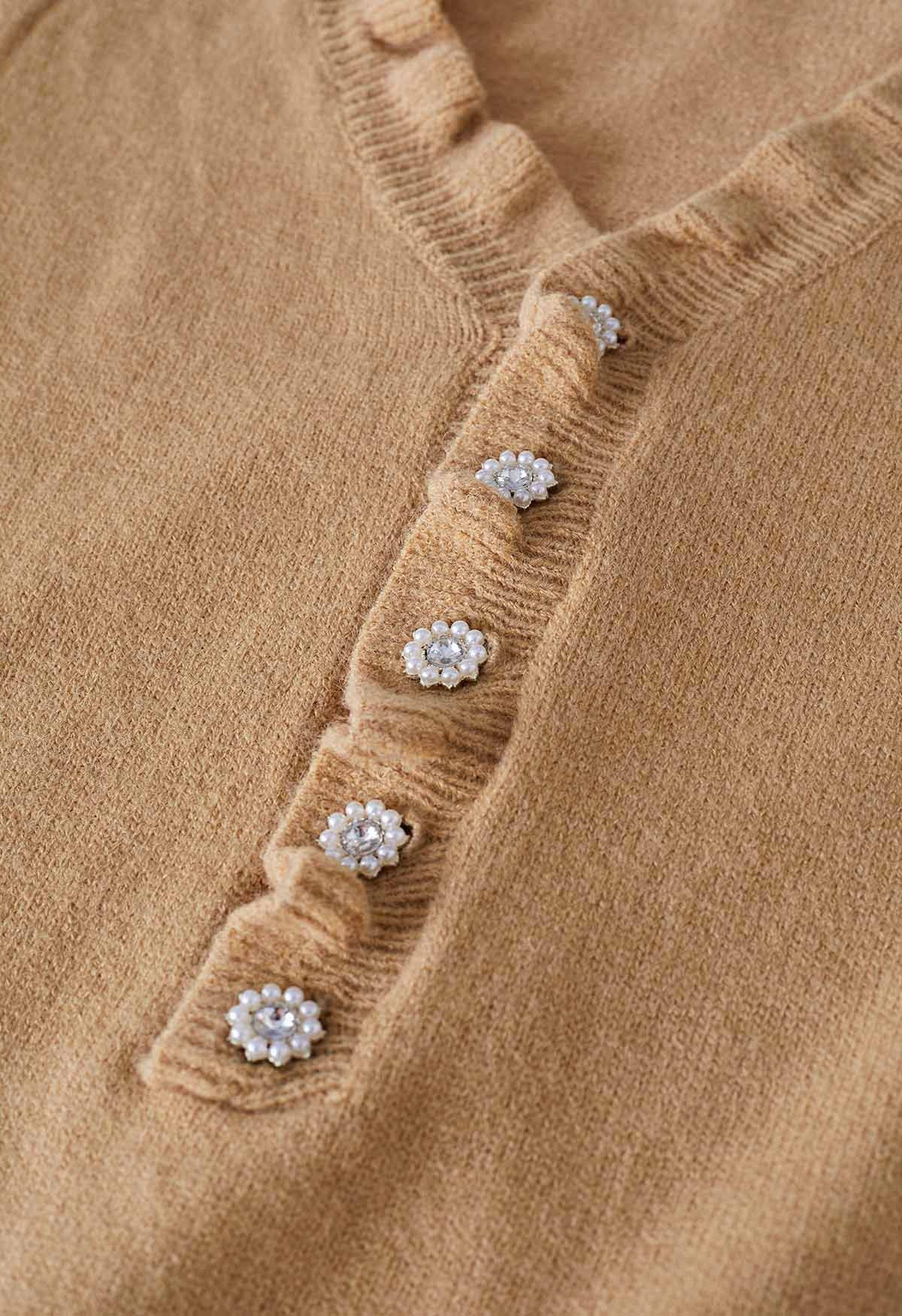 Ruffle Edge Button Front Knit Sweater in Tan