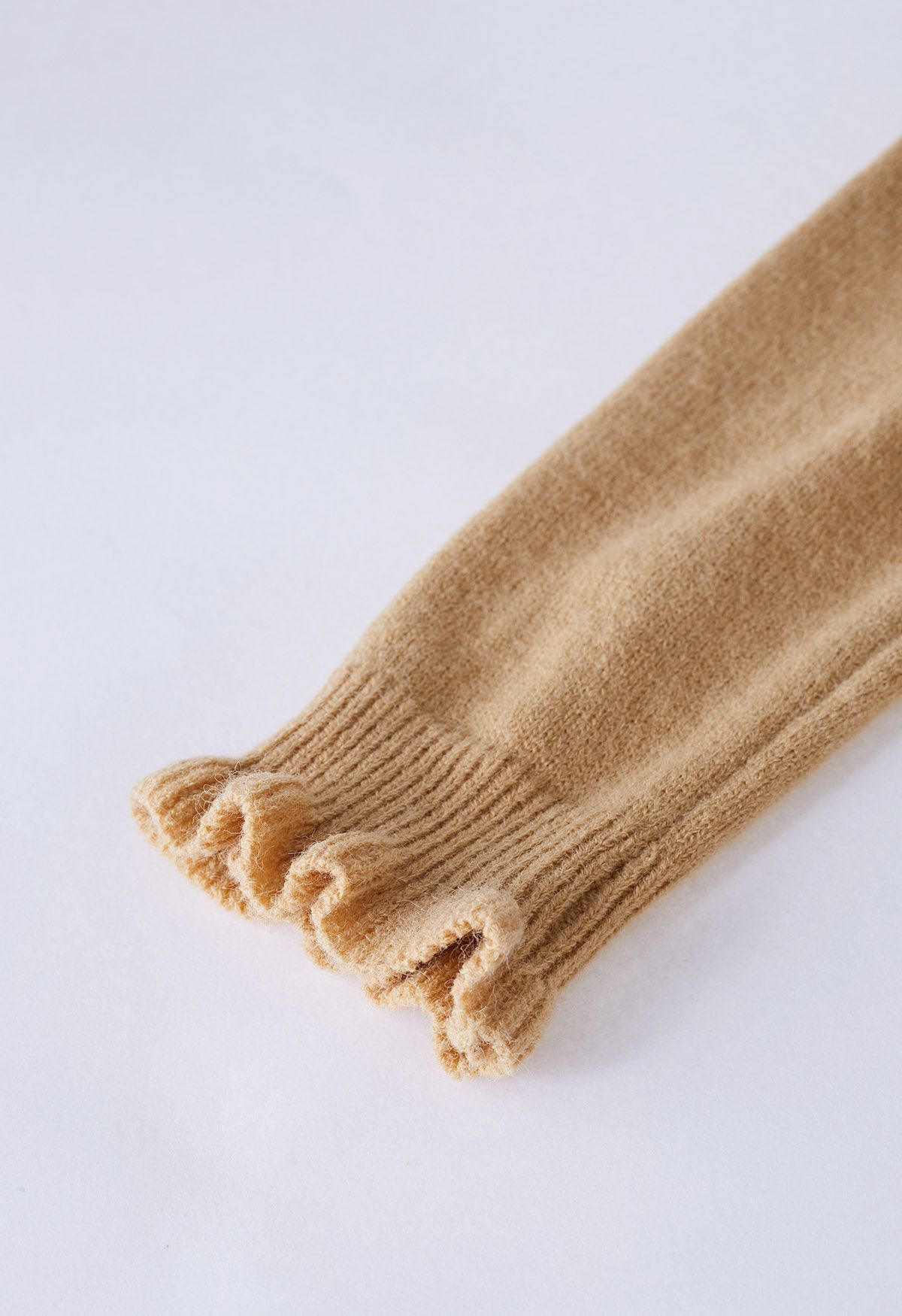 Ruffle Edge Button Front Knit Sweater in Tan