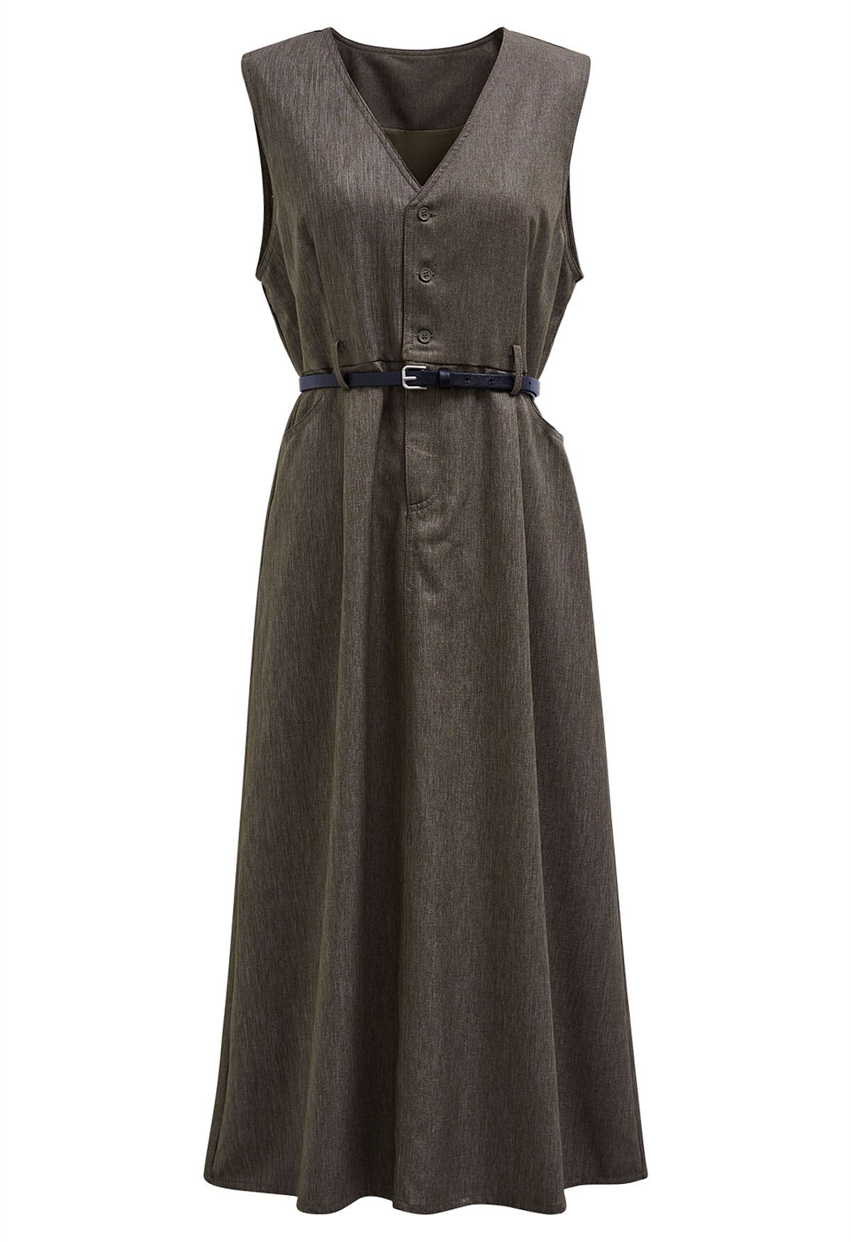 Retro Charms V-Neck Sleeveless Midi Dress in Dark Khaki