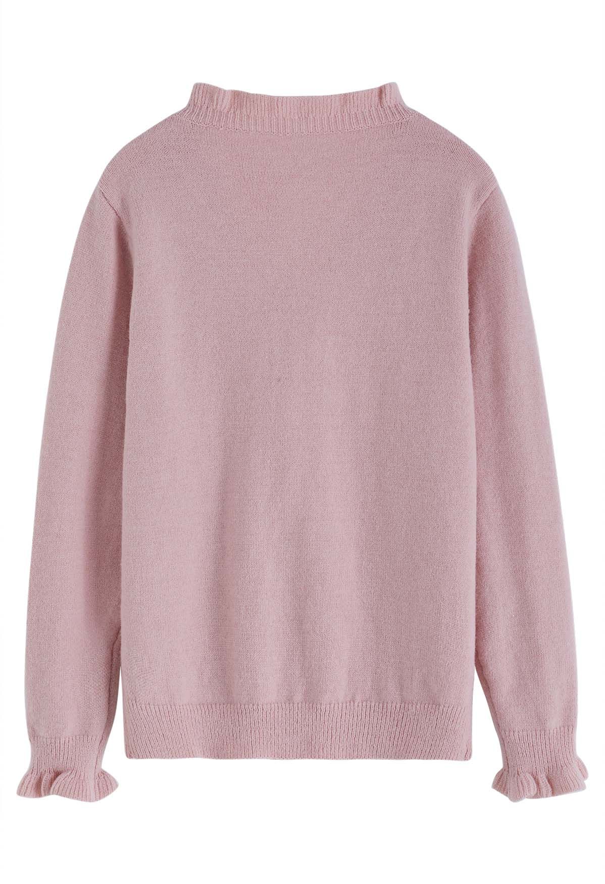 Ruffle Edge Button Front Knit Sweater in Pink