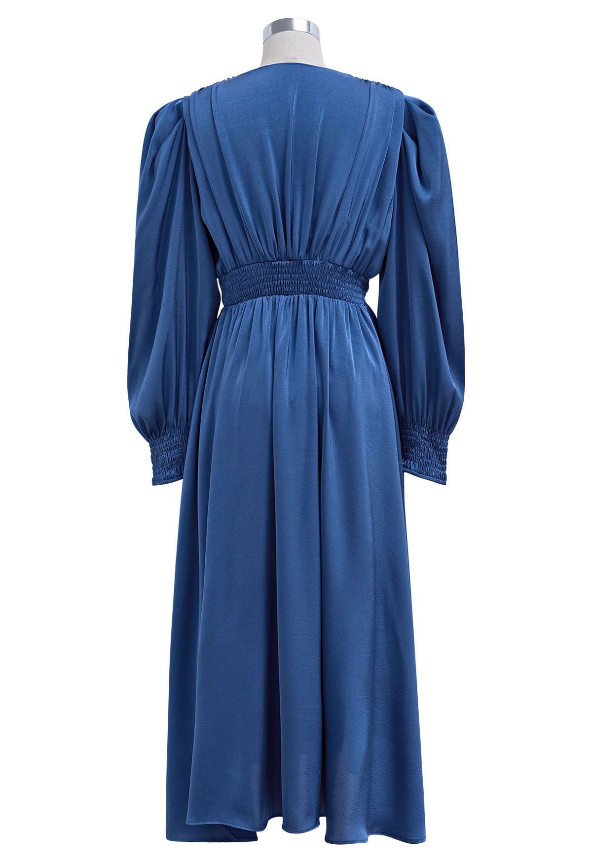 V-Neck Puff Sleeves Ruched Midi Dress in Navy