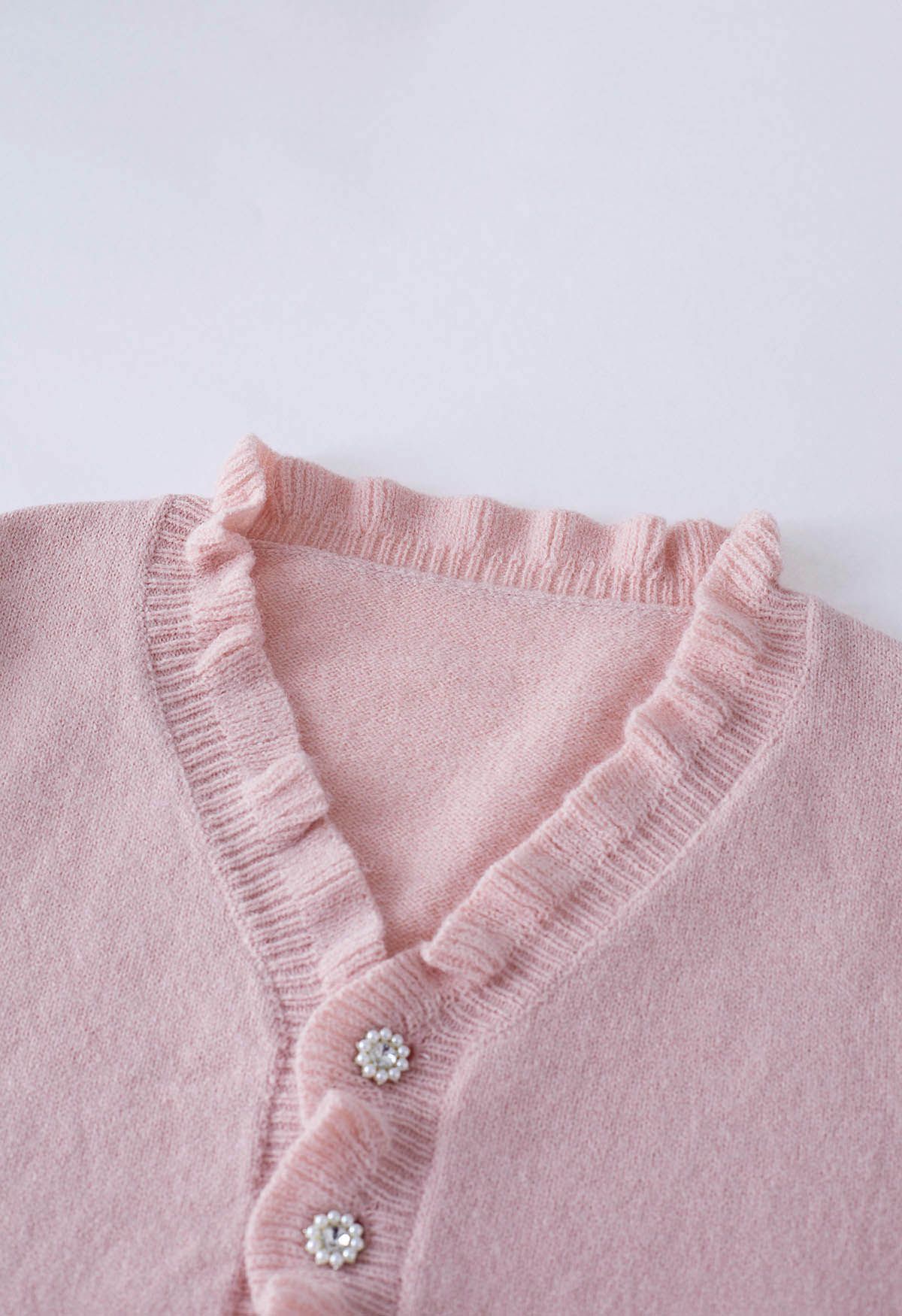 Ruffle Edge Button Front Knit Sweater in Pink