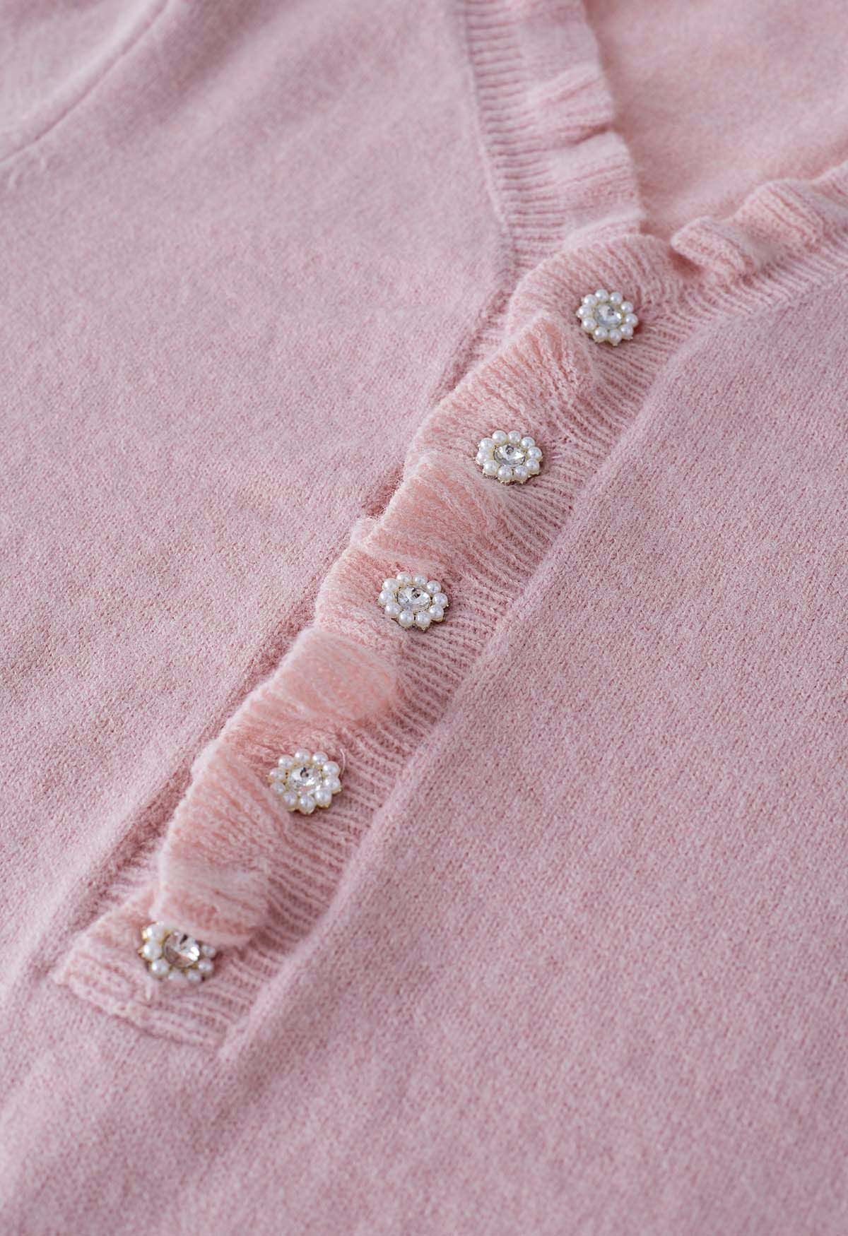 Ruffle Edge Button Front Knit Sweater in Pink