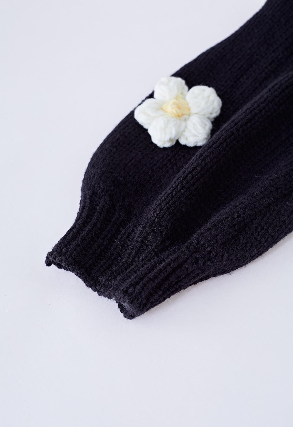 3D Stitch Flower Open Front Knit Cardigan in Black