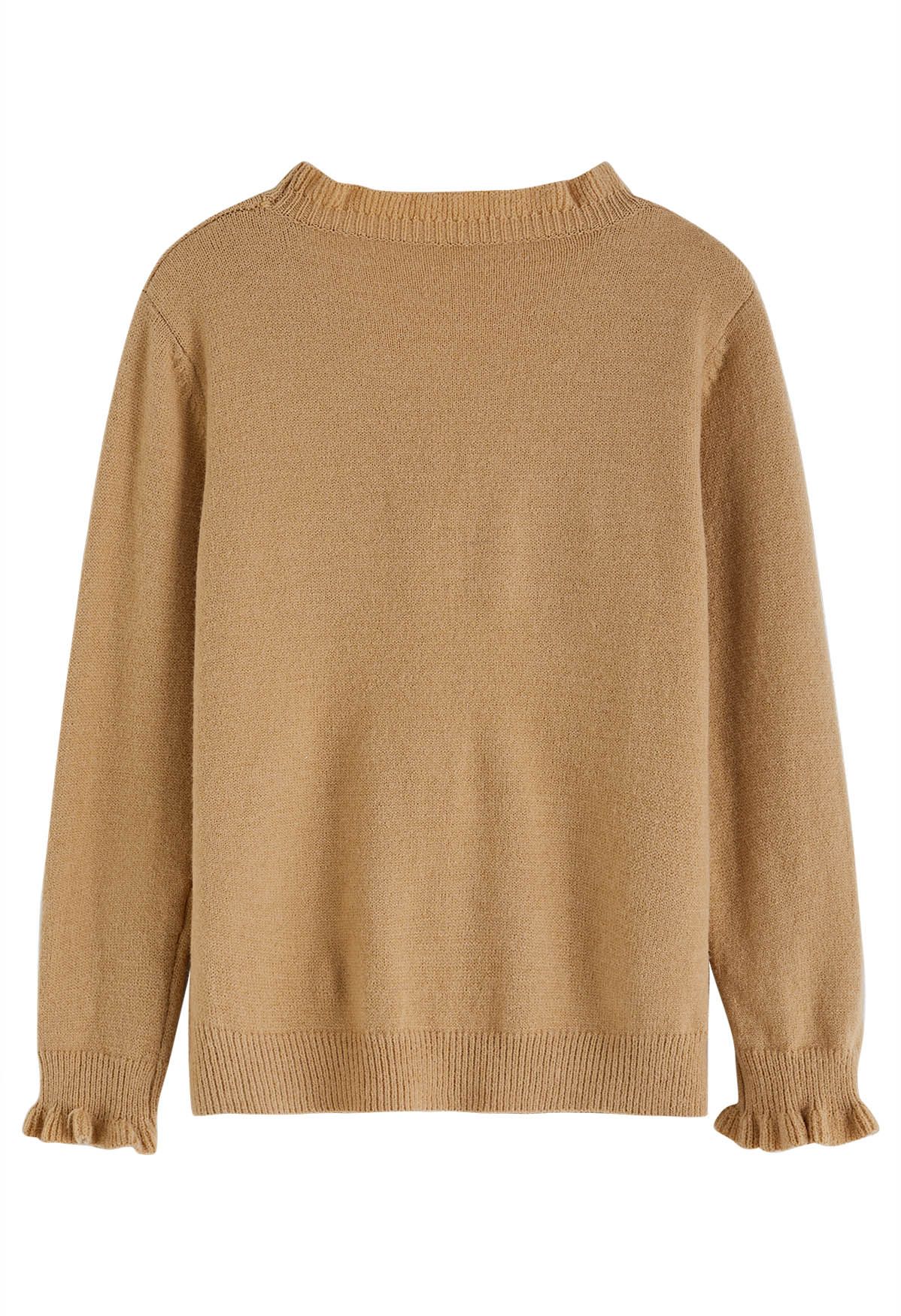 Ruffle Edge Button Front Knit Sweater in Tan