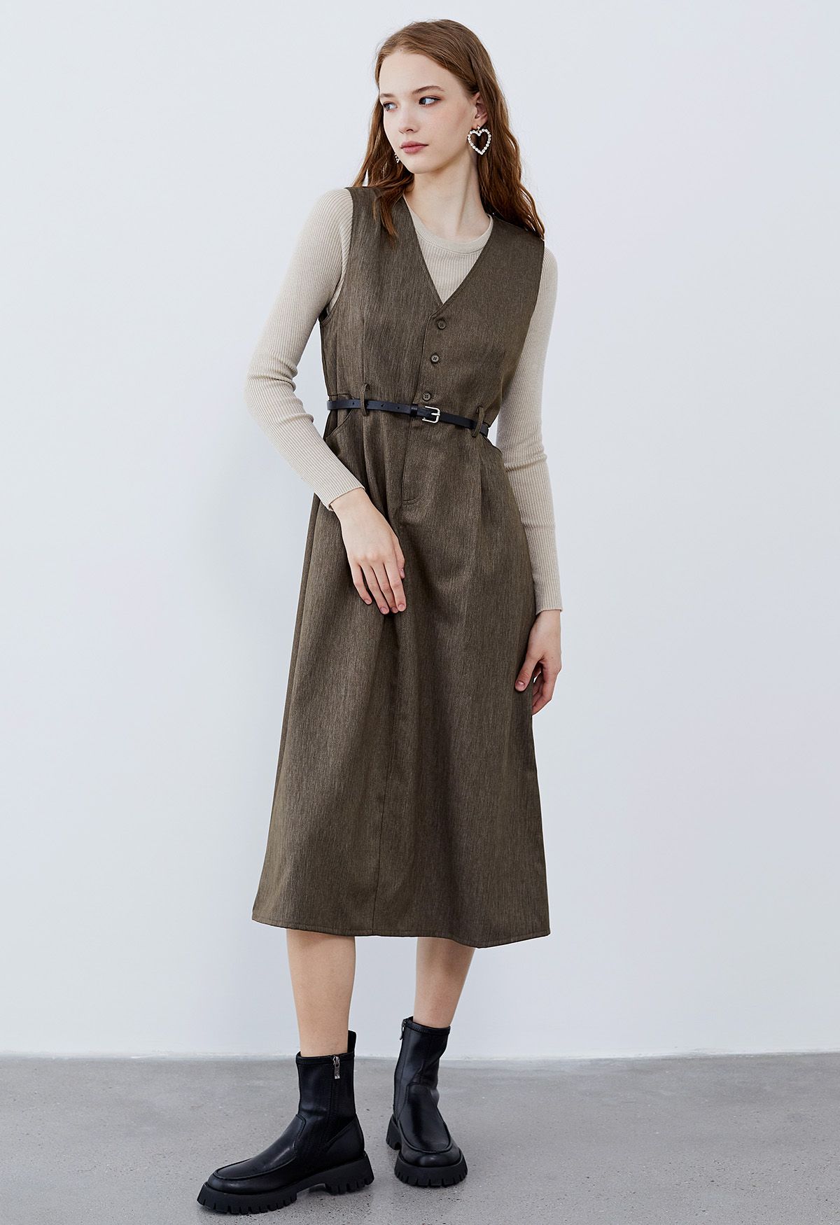 Retro Charms V-Neck Sleeveless Midi Dress in Dark Khaki