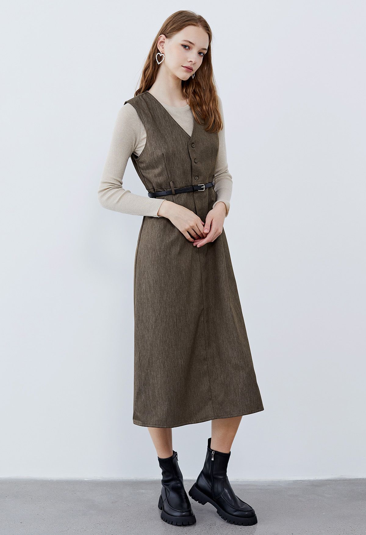 Retro Charms V-Neck Sleeveless Midi Dress in Dark Khaki