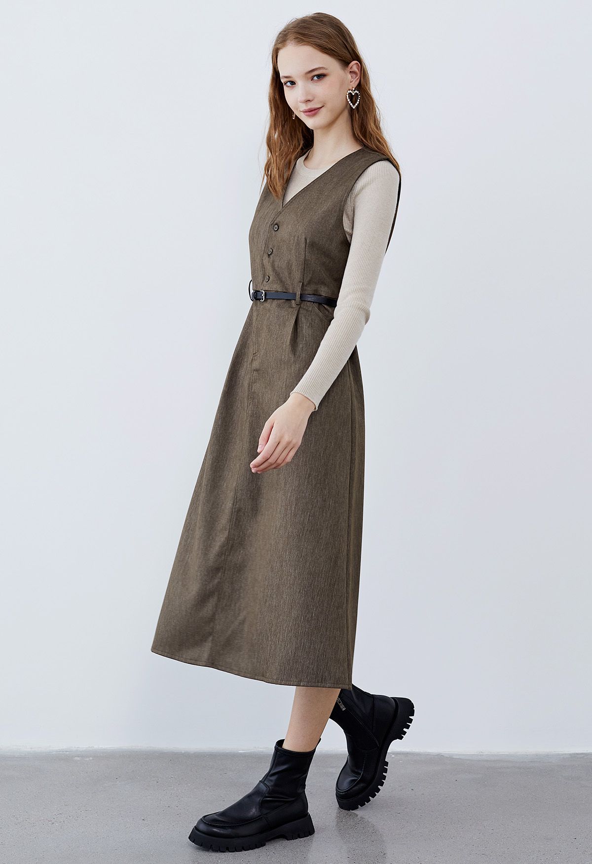 Retro Charms V-Neck Sleeveless Midi Dress in Dark Khaki