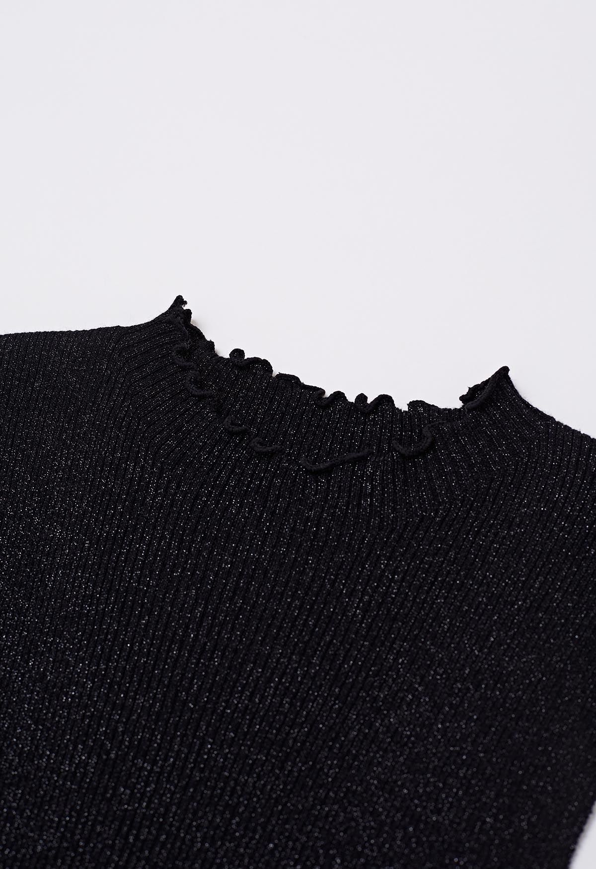 Glittery Lettuce Edge Sleeveless Knit Top in Black