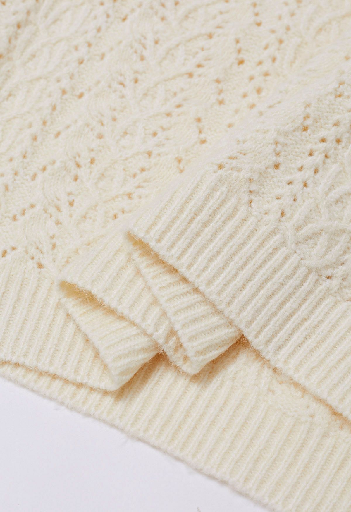 V-Neck Pointelle Knit Sweater in Cream