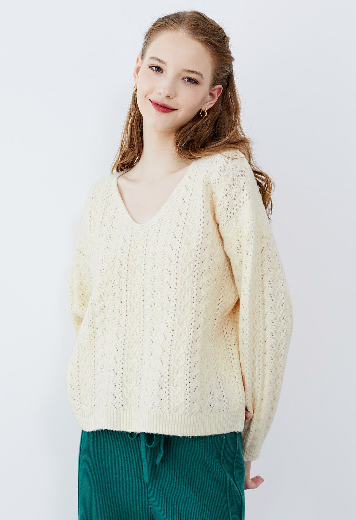 V-Neck Pointelle Knit Sweater in Cream