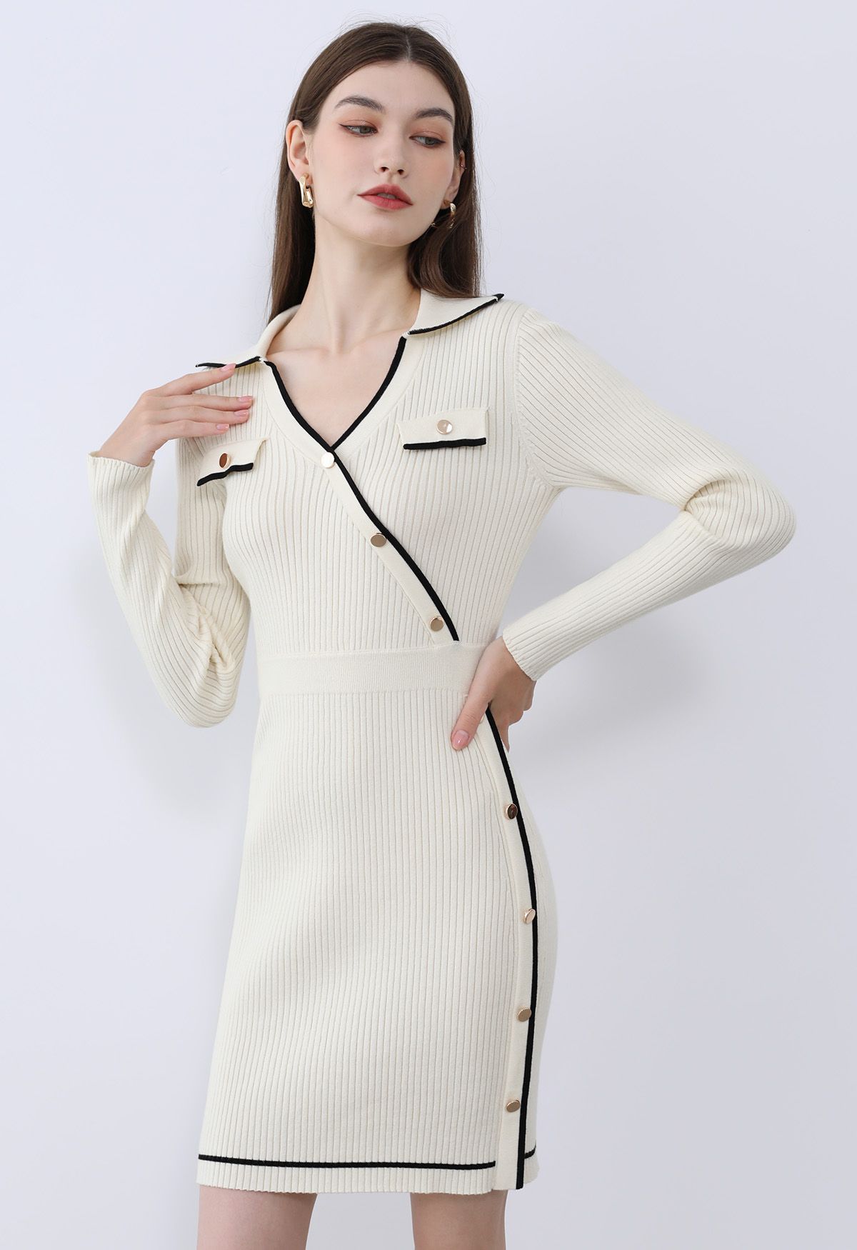 Collared Golden Button Decorated Ribbed Knit Dress in Cream