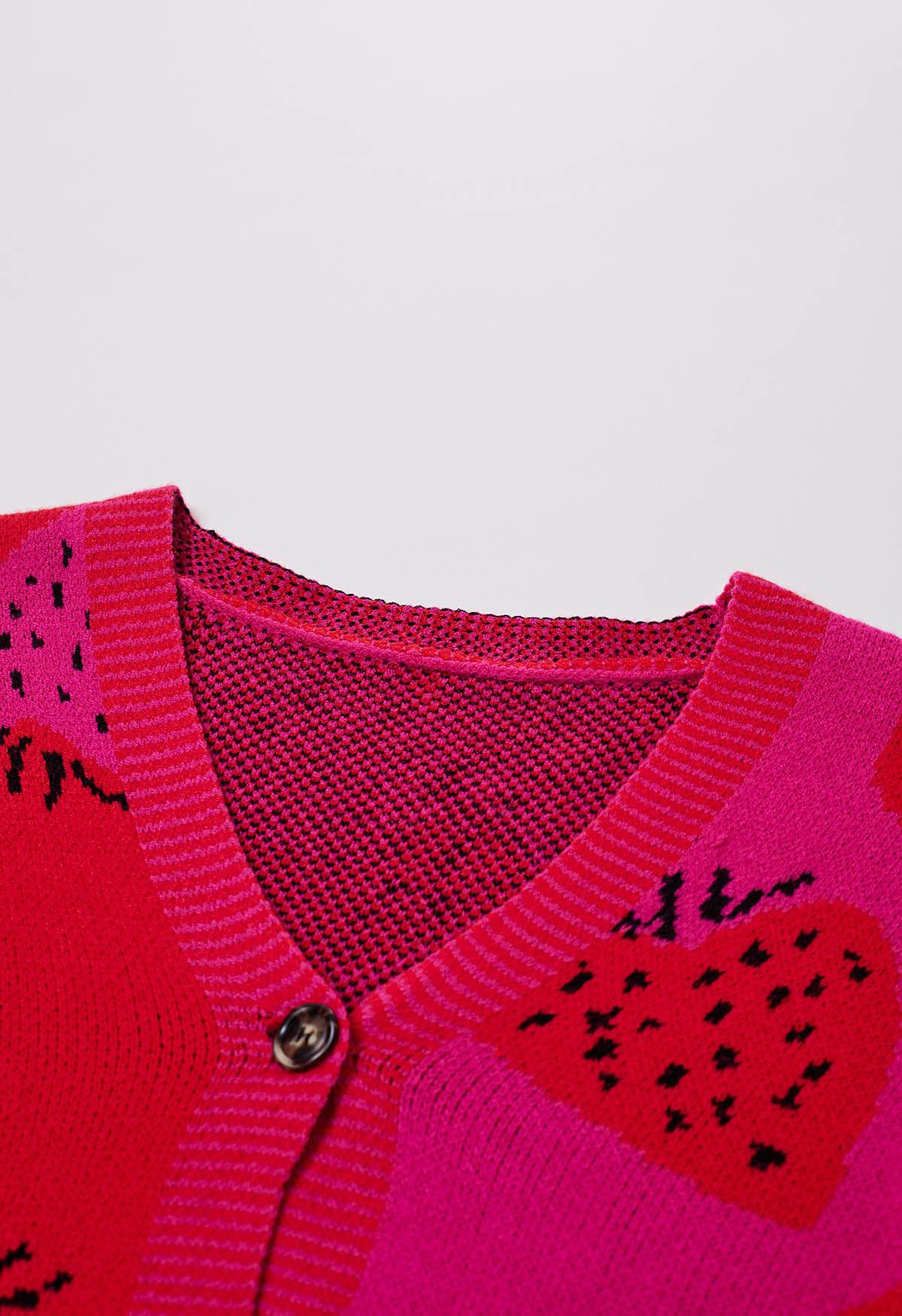 Two-Tone Strawberry Button Down Cardigan in Hot Pink