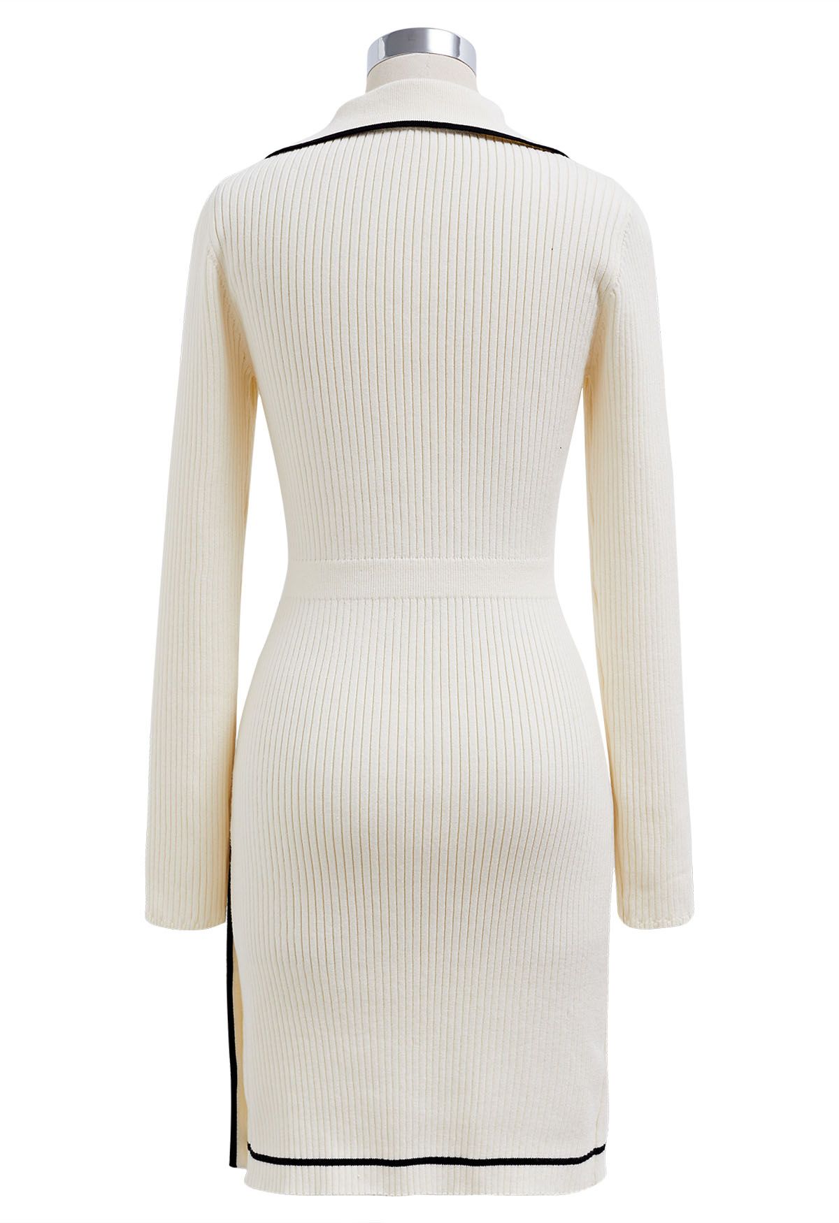 Collared Golden Button Decorated Ribbed Knit Dress in Cream