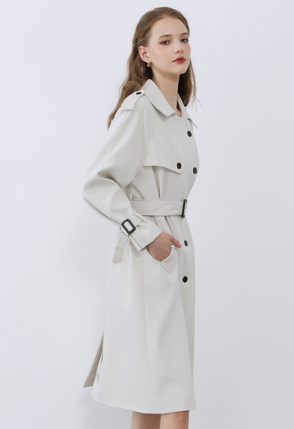 Tailored Double-Breasted Belted Trench Coat in Ivory