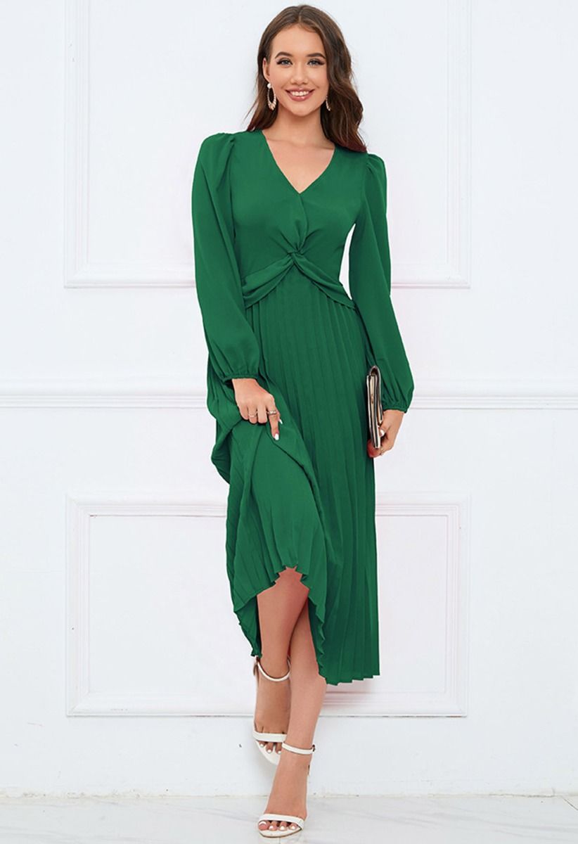 V-Neck Twisted Front Pleated Dress in Dark Green