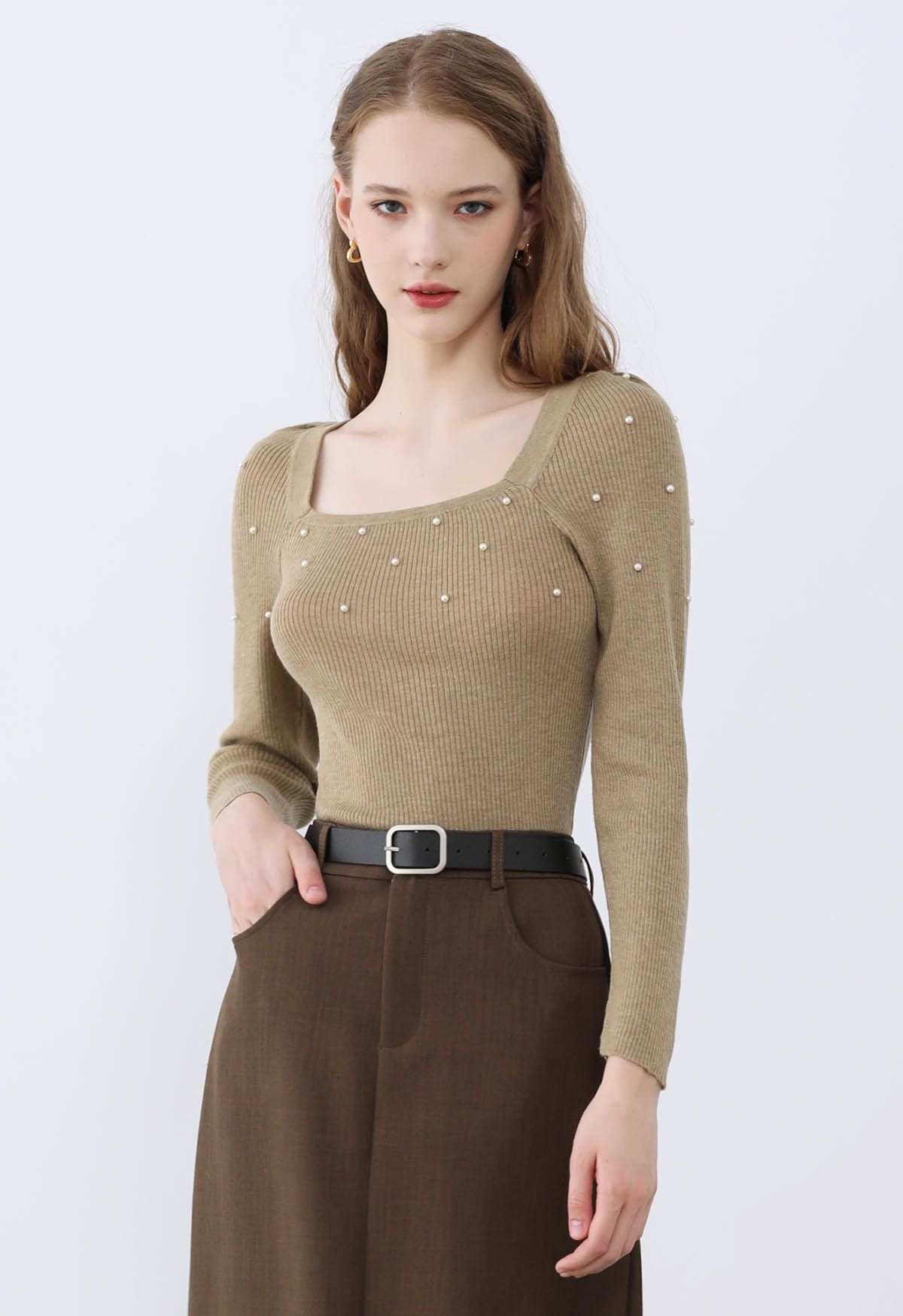 Square Neck Pearly Fitted Knit Top in Camel