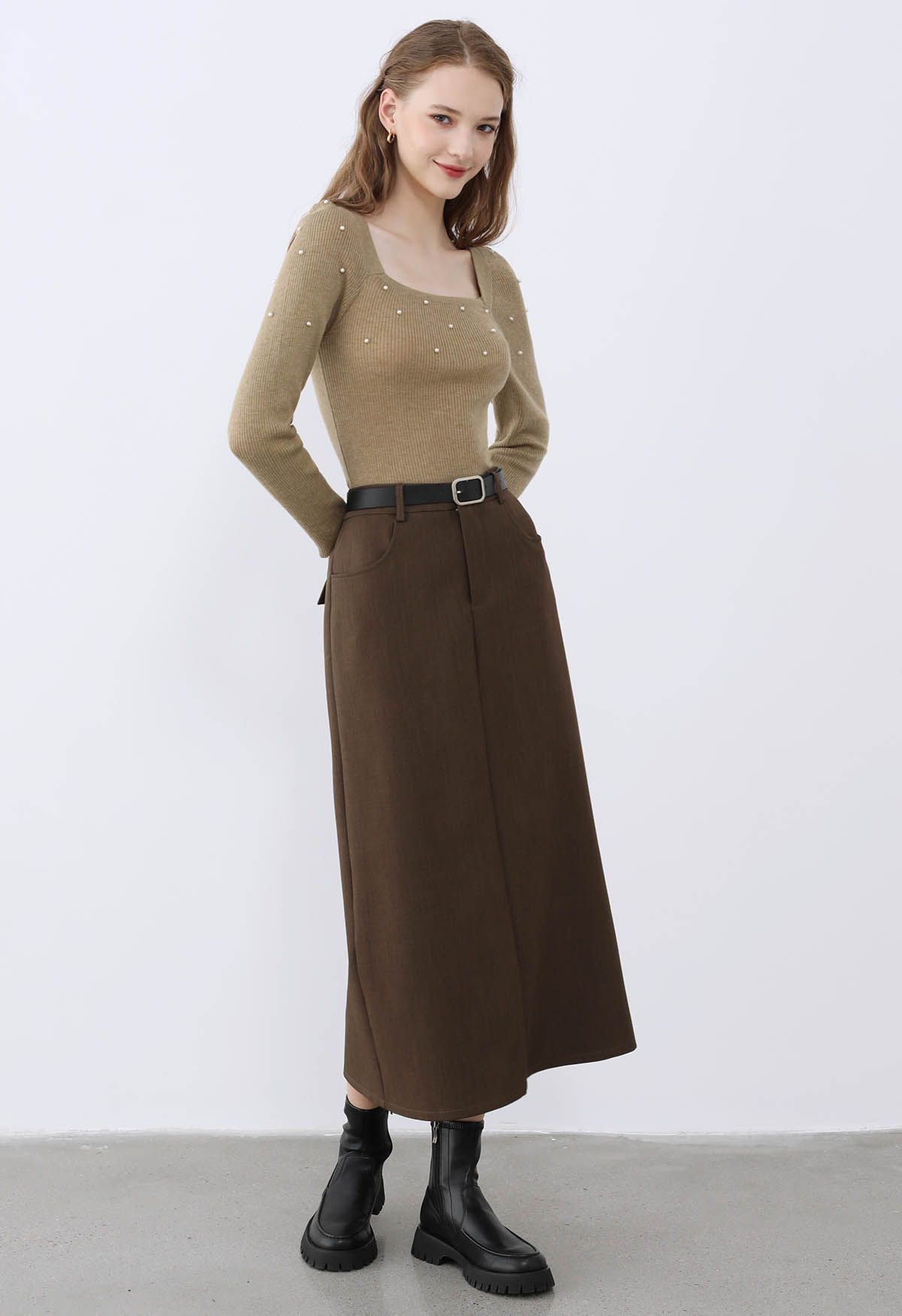 Square Neck Pearly Fitted Knit Top in Camel