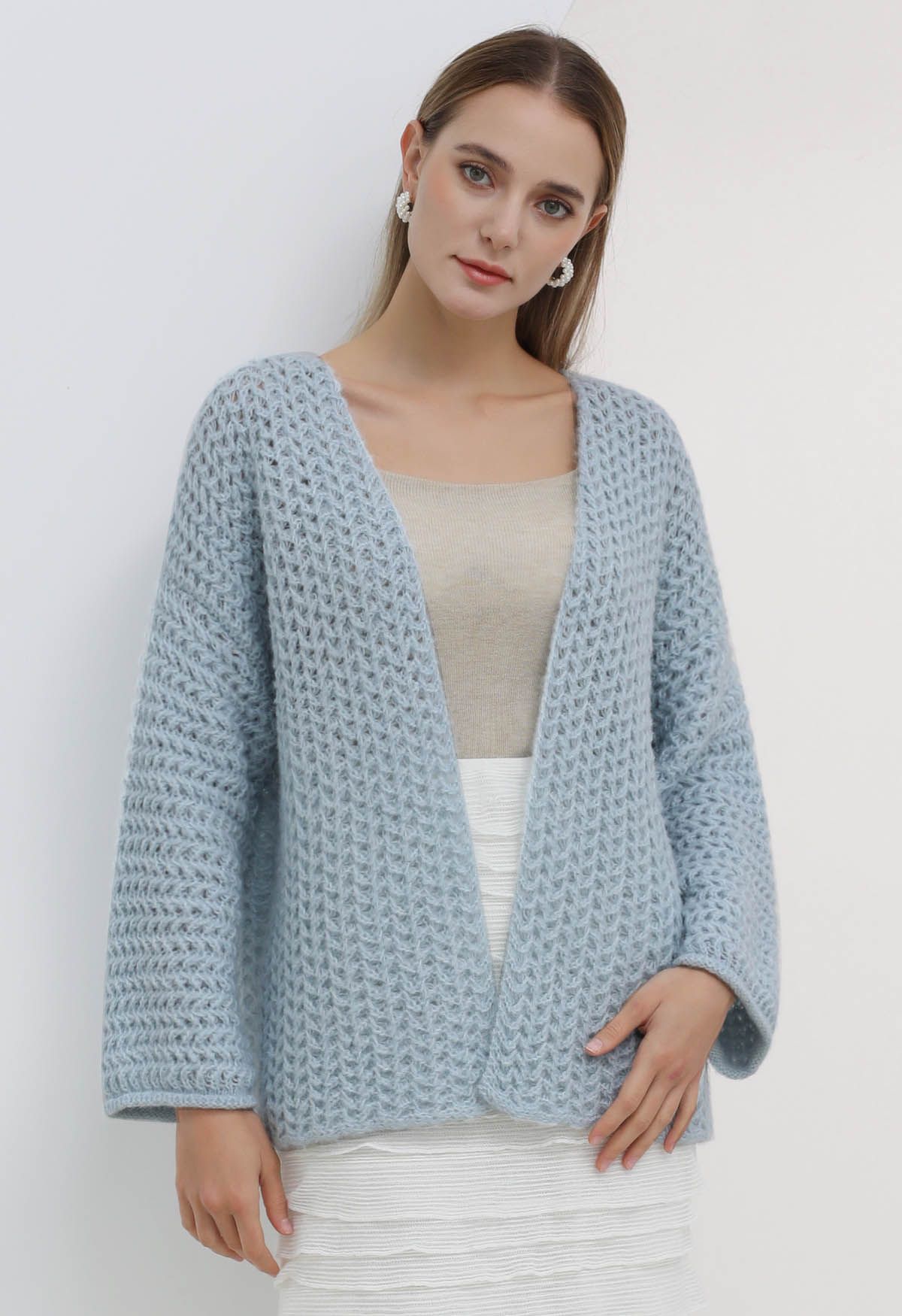 Open Front Hollow Out Knit Cardigan in Blue