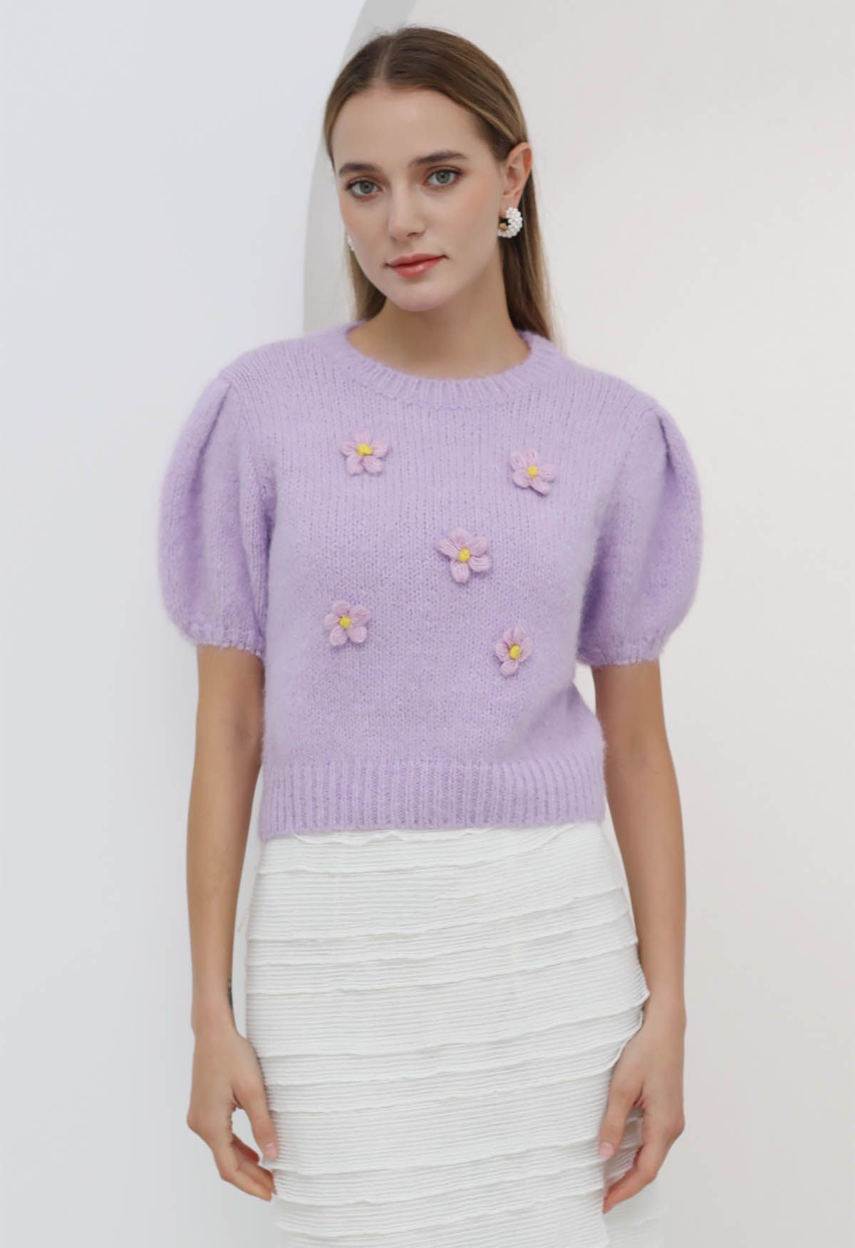 Crochet Flower Bubble Short-Sleeve Sweater in Lilac