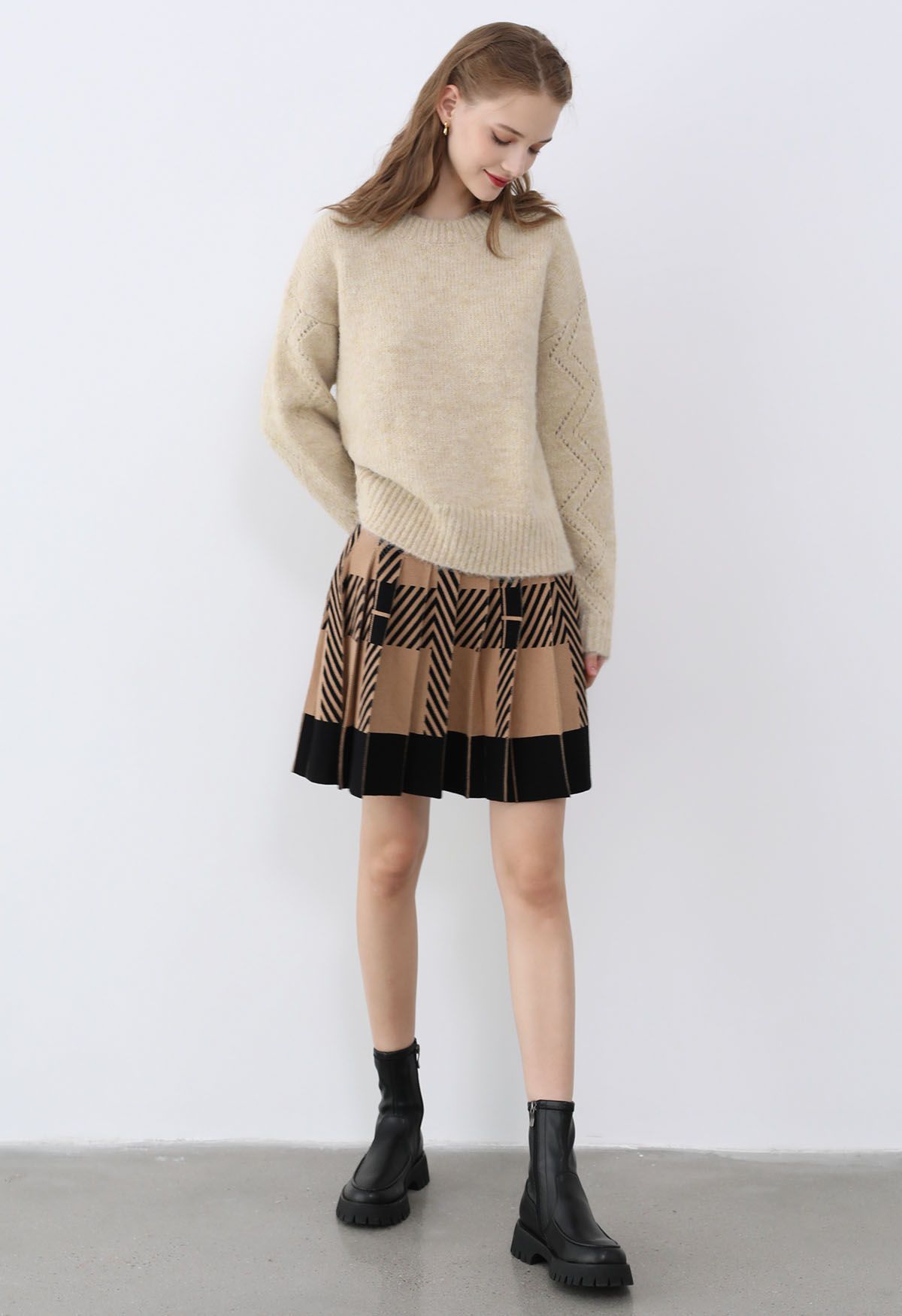 Color Block Striped Pleated Knit Skirt in Tan