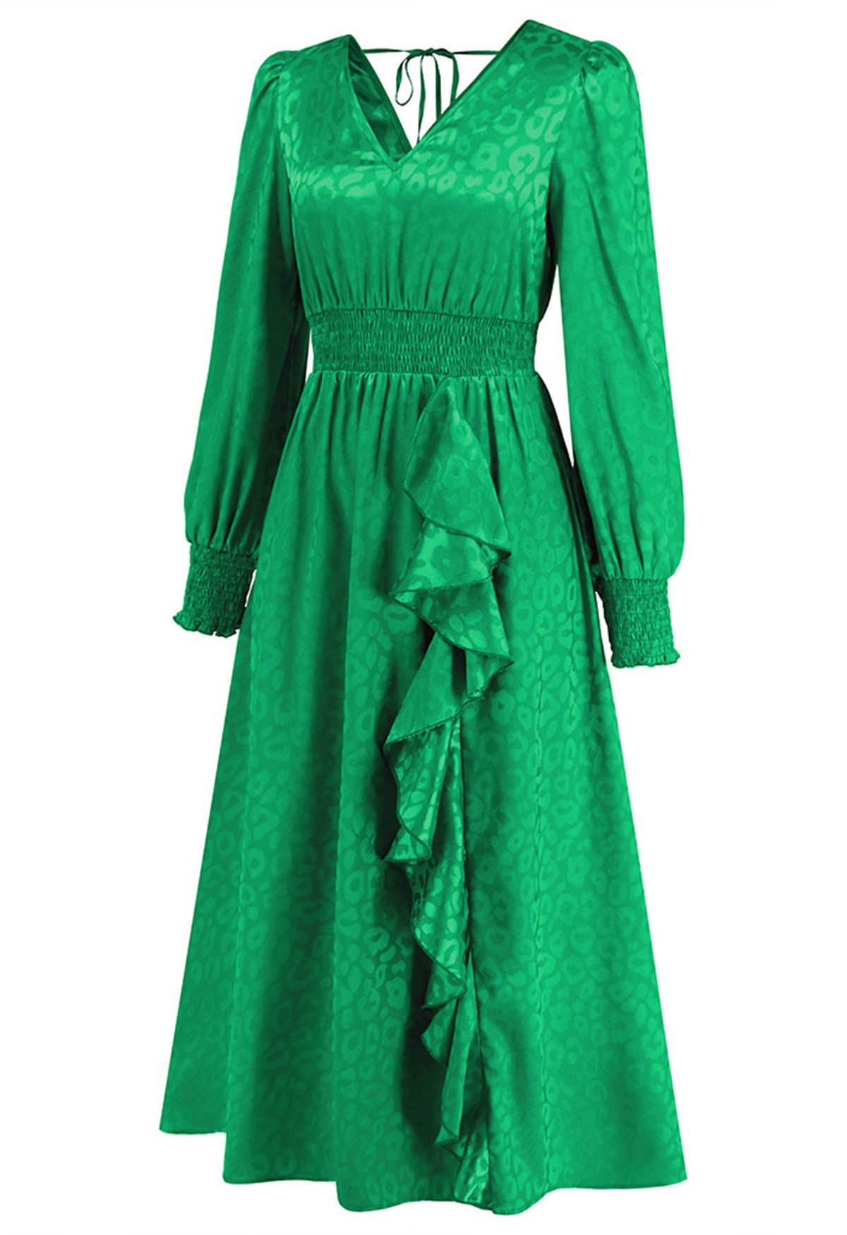 Glossy Leopard Jacquard Ruffle Maxi Dress in Green