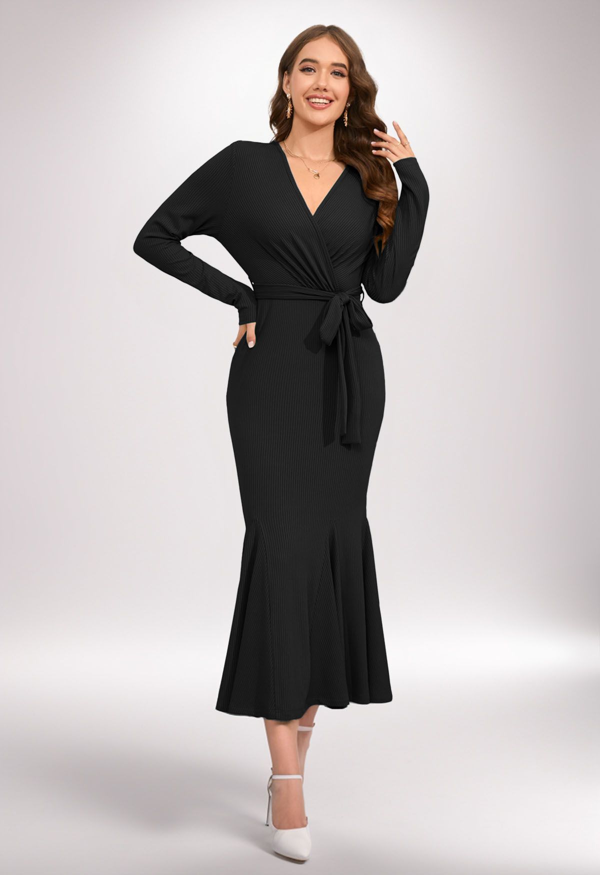 Surplice Neck Tie Waist Mermaid Dress in Black