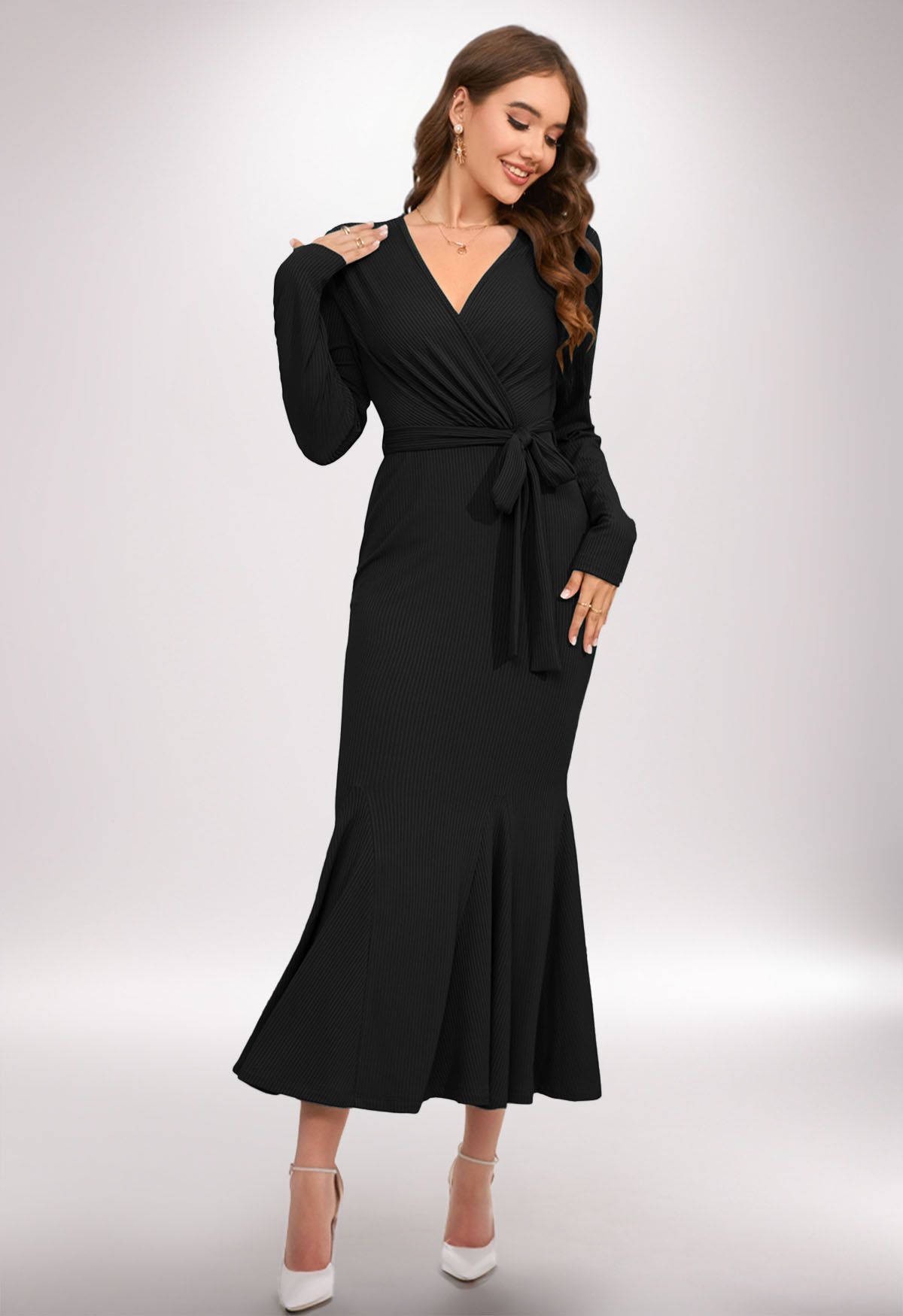 Surplice Neck Tie Waist Mermaid Dress in Black