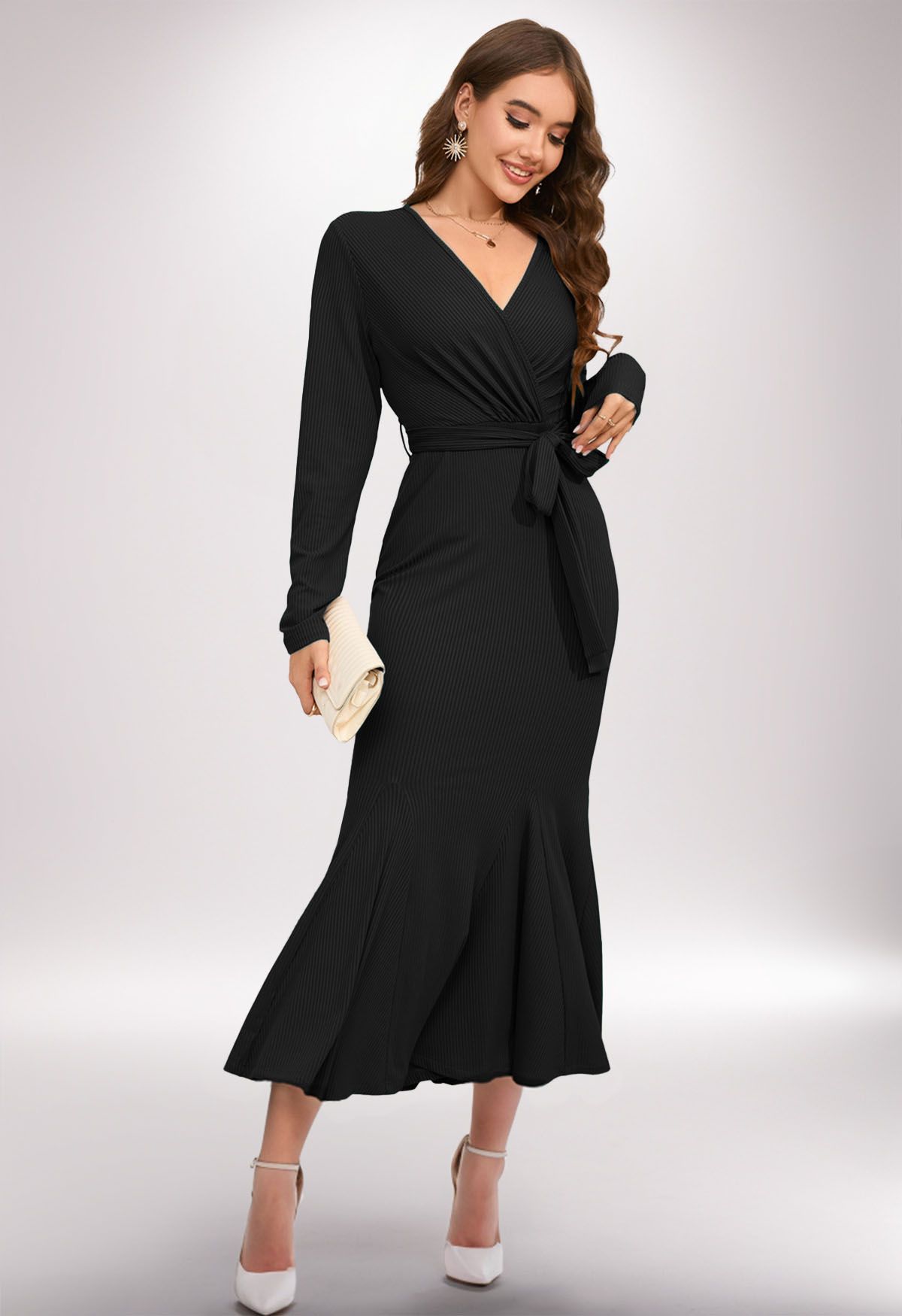 Surplice Neck Tie Waist Mermaid Dress in Black