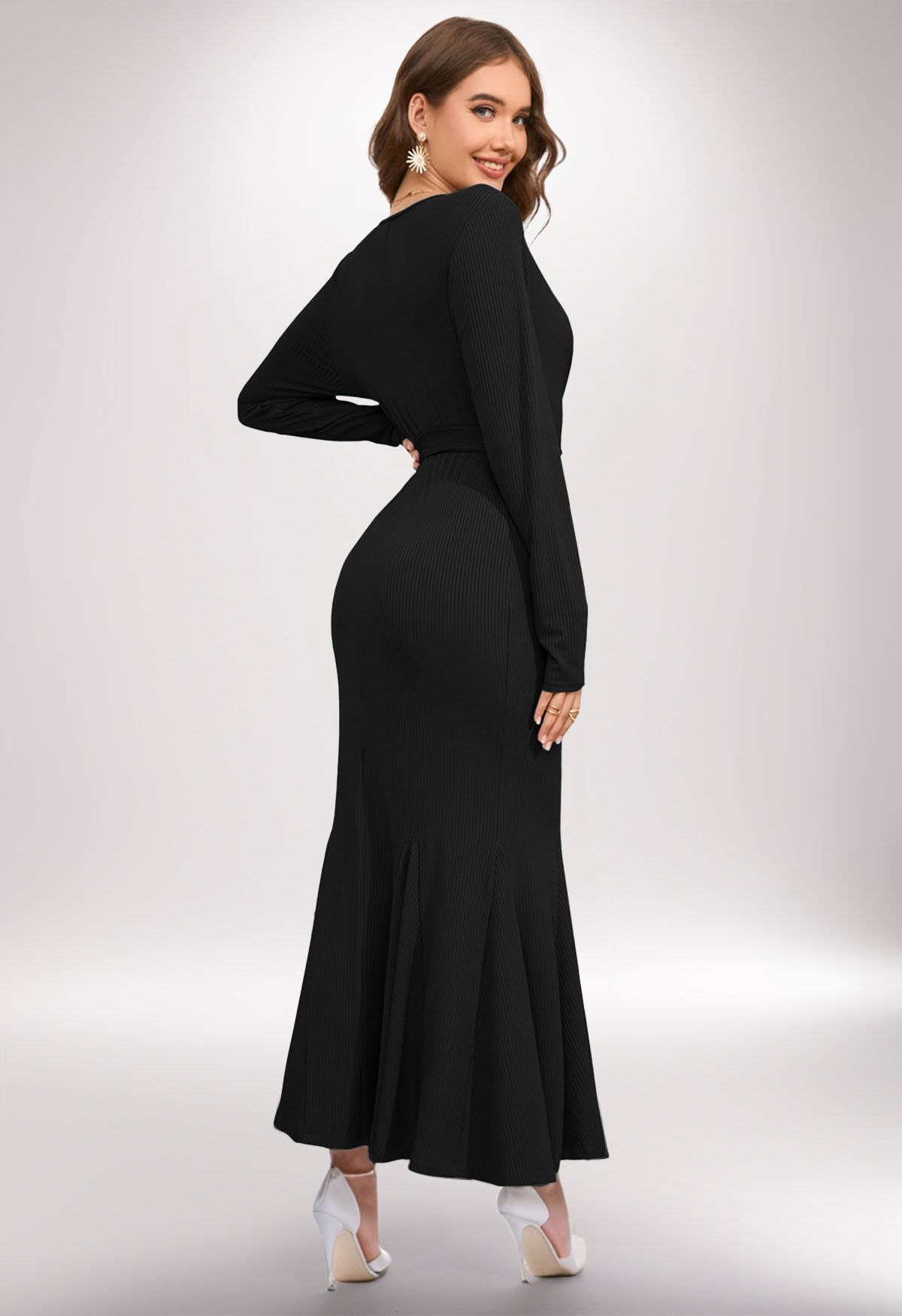 Surplice Neck Tie Waist Mermaid Dress in Black