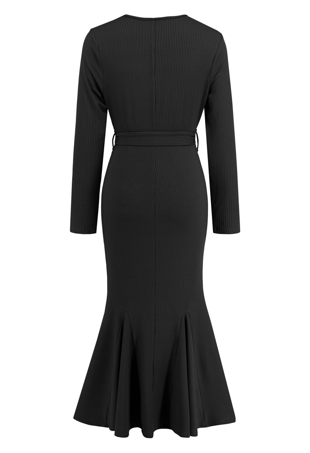 Surplice Neck Tie Waist Mermaid Dress in Black