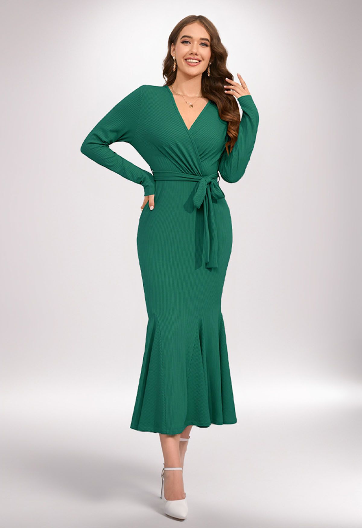 Surplice Neck Tie Waist Mermaid Dress in Dark Green