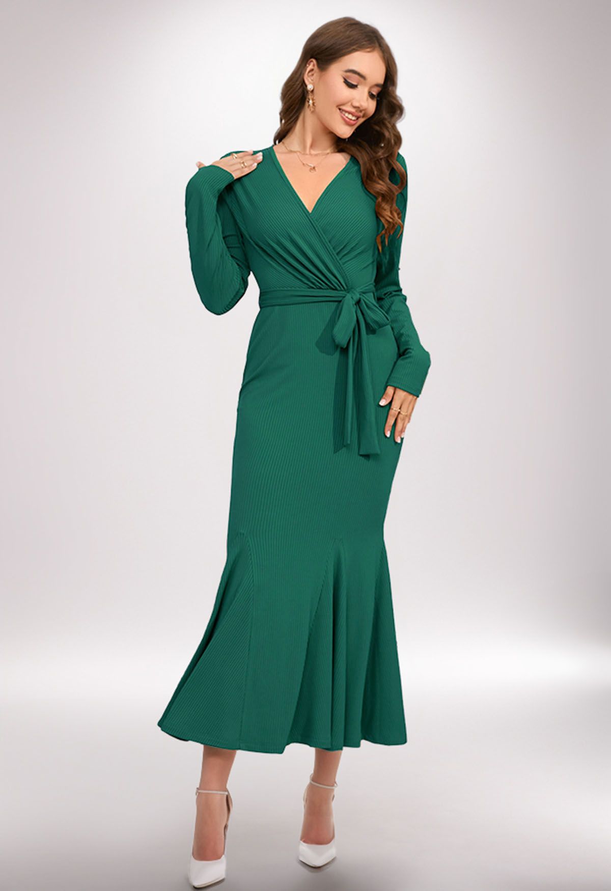 Surplice Neck Tie Waist Mermaid Dress in Dark Green