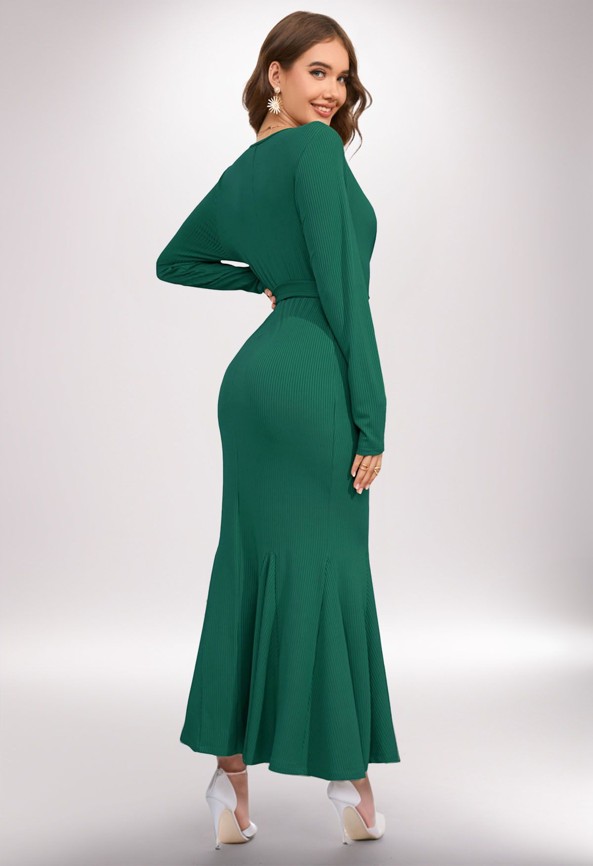 Surplice Neck Tie Waist Mermaid Dress in Dark Green