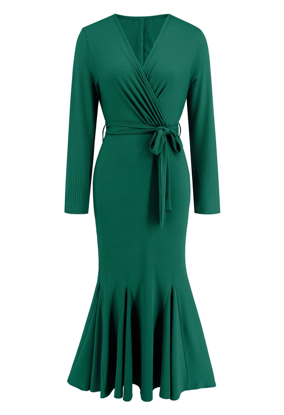 Surplice Neck Tie Waist Mermaid Dress in Dark Green