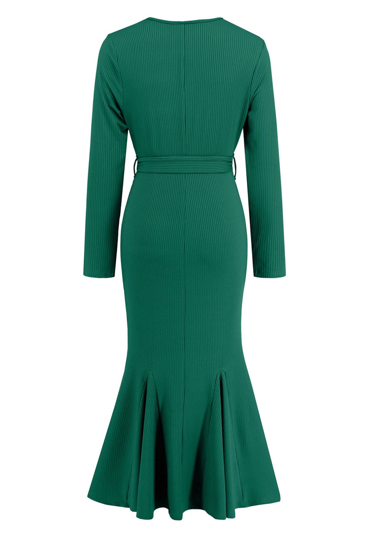 Surplice Neck Tie Waist Mermaid Dress in Dark Green