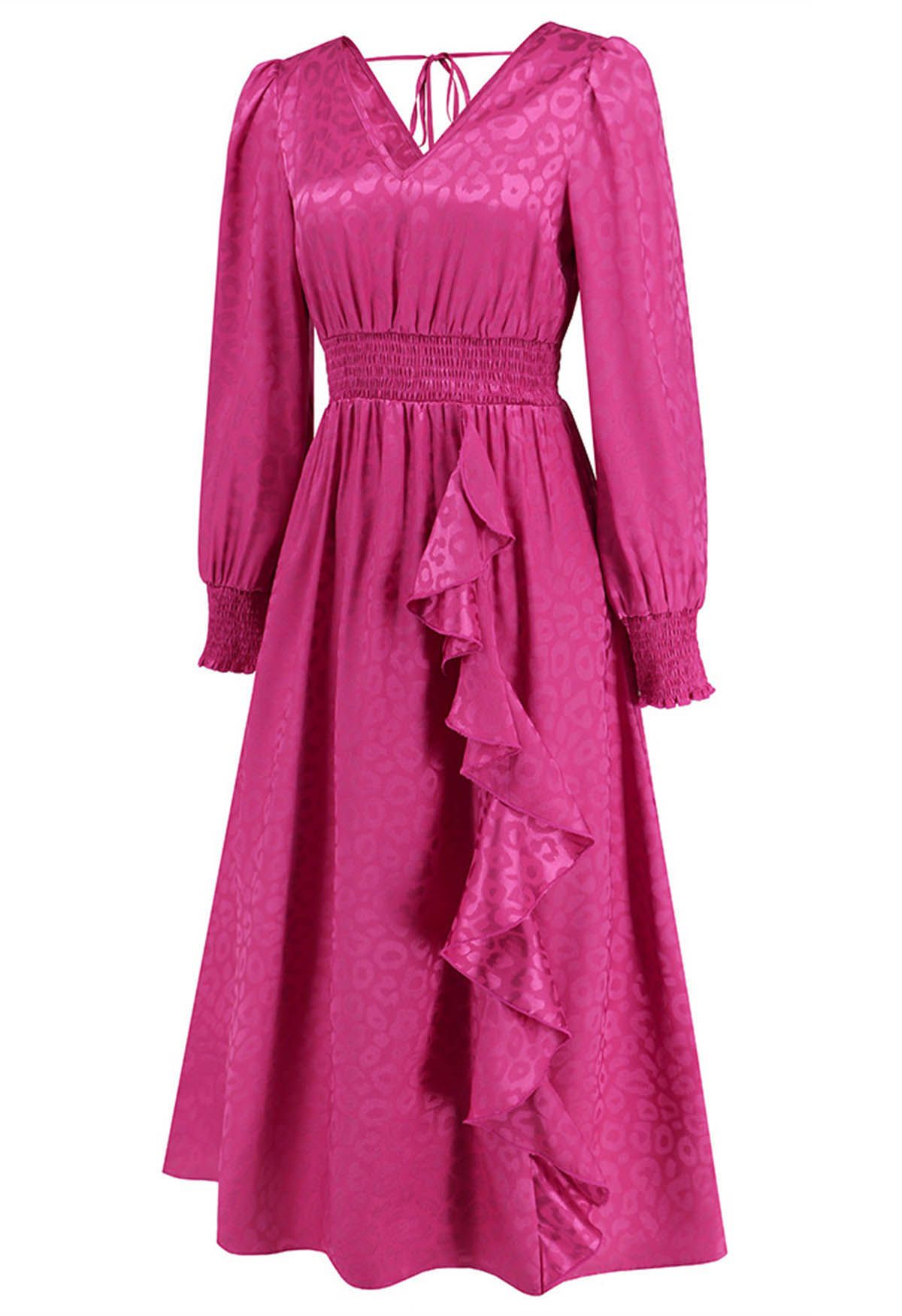 Glossy Leopard Jacquard Ruffle Maxi Dress in Magenta