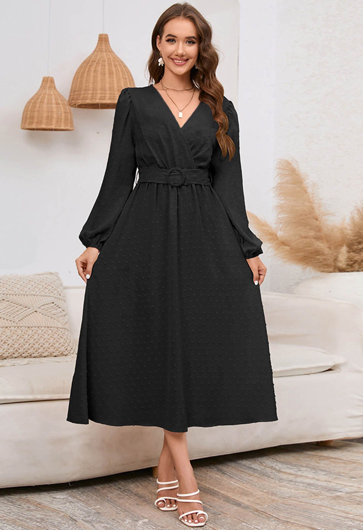 Flock Dot Jacquard Faux-Wrap Belted Dress in Black