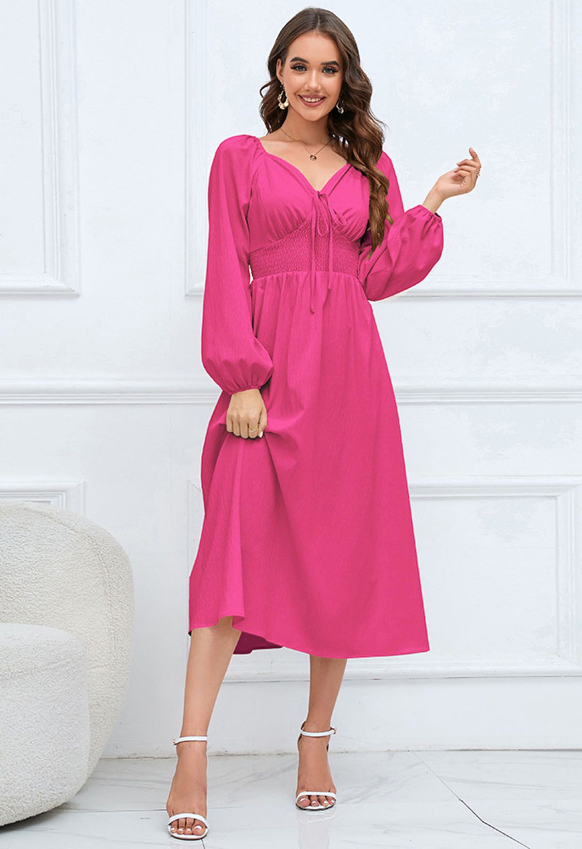 Sweetheart Neck Tie Front Midi Dress in Magenta