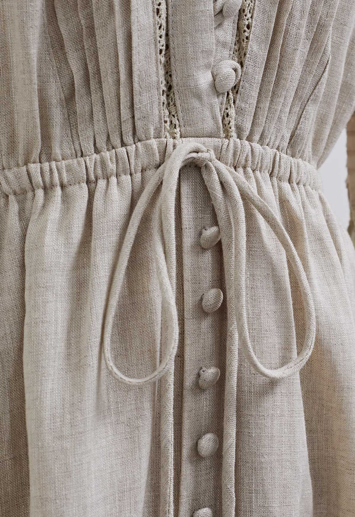 V-Neck Buttoned Long Sleeve Dress in Linen