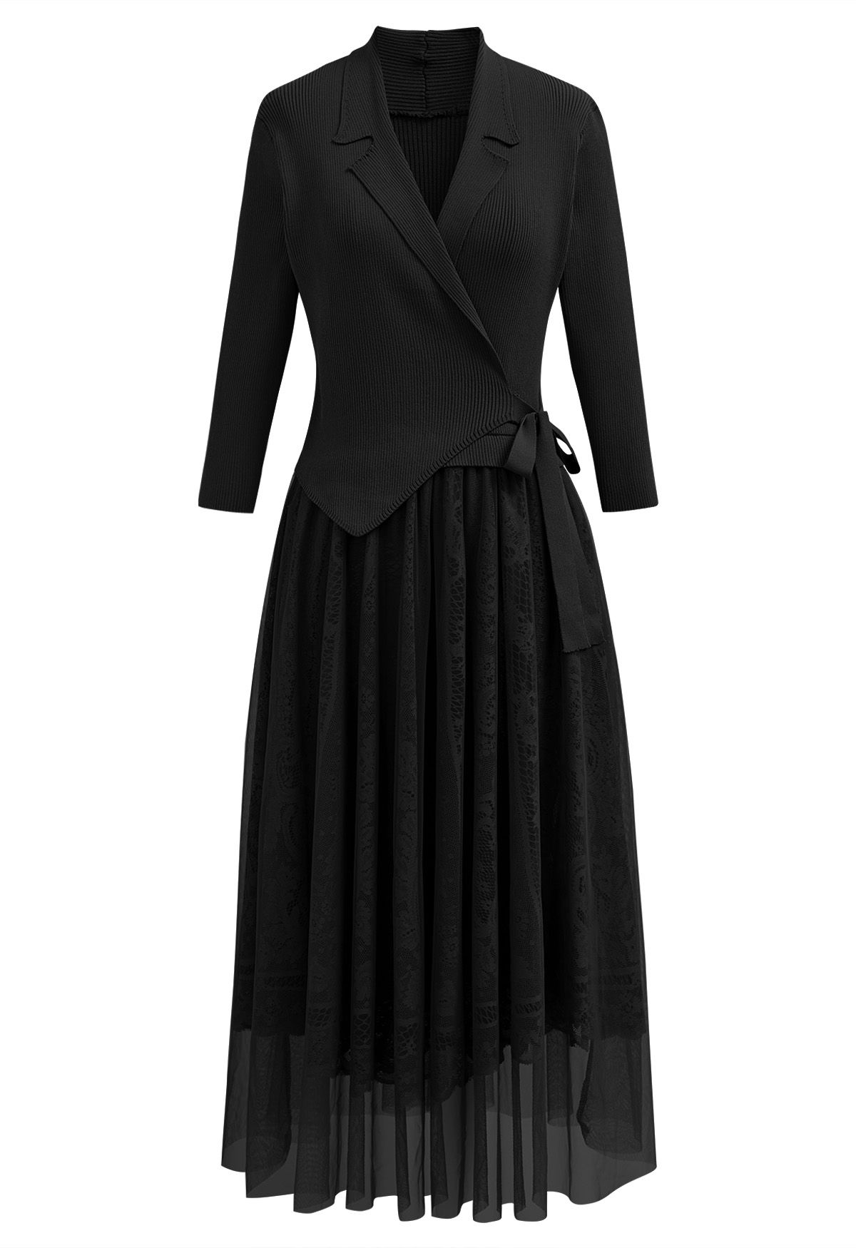 Collared V-Neck Knit Spliced Tulle Dress in Black