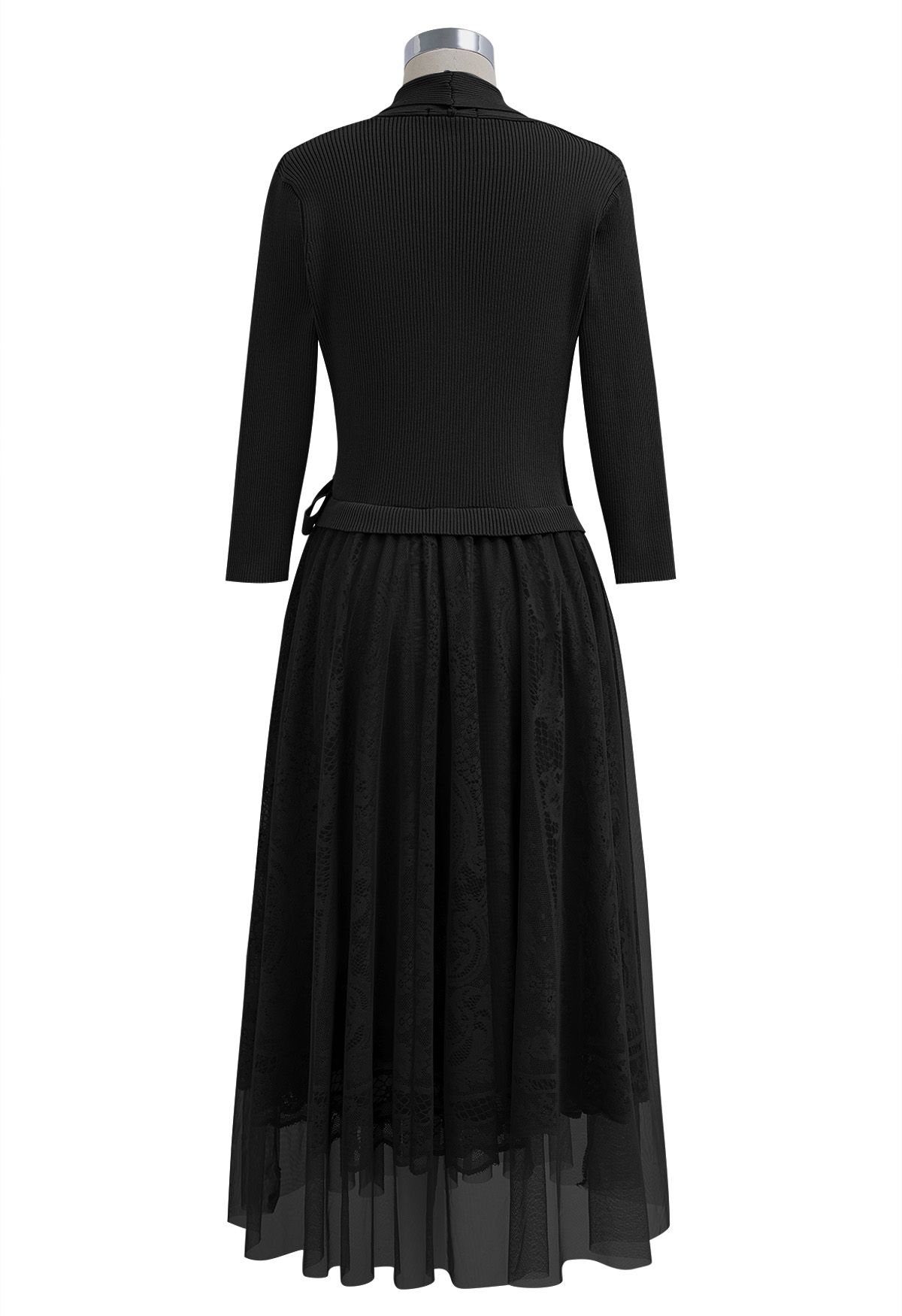 Collared V-Neck Knit Spliced Tulle Dress in Black