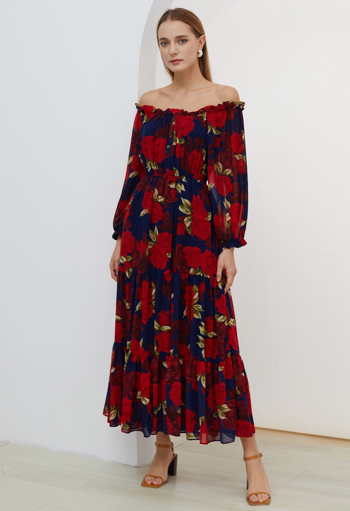 Enthralling Red Rose Off-Shoulder Chiffon Dress