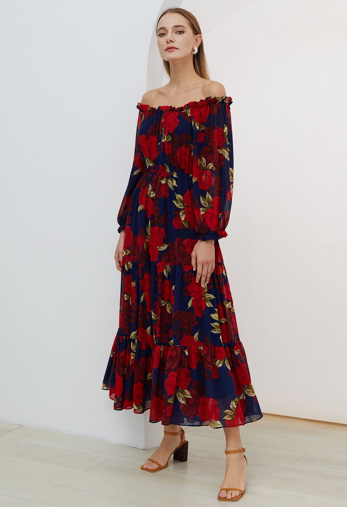 Enthralling Red Rose Off-Shoulder Chiffon Dress