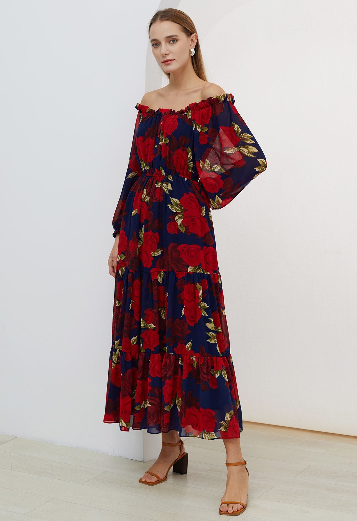 Enthralling Red Rose Off-Shoulder Chiffon Dress